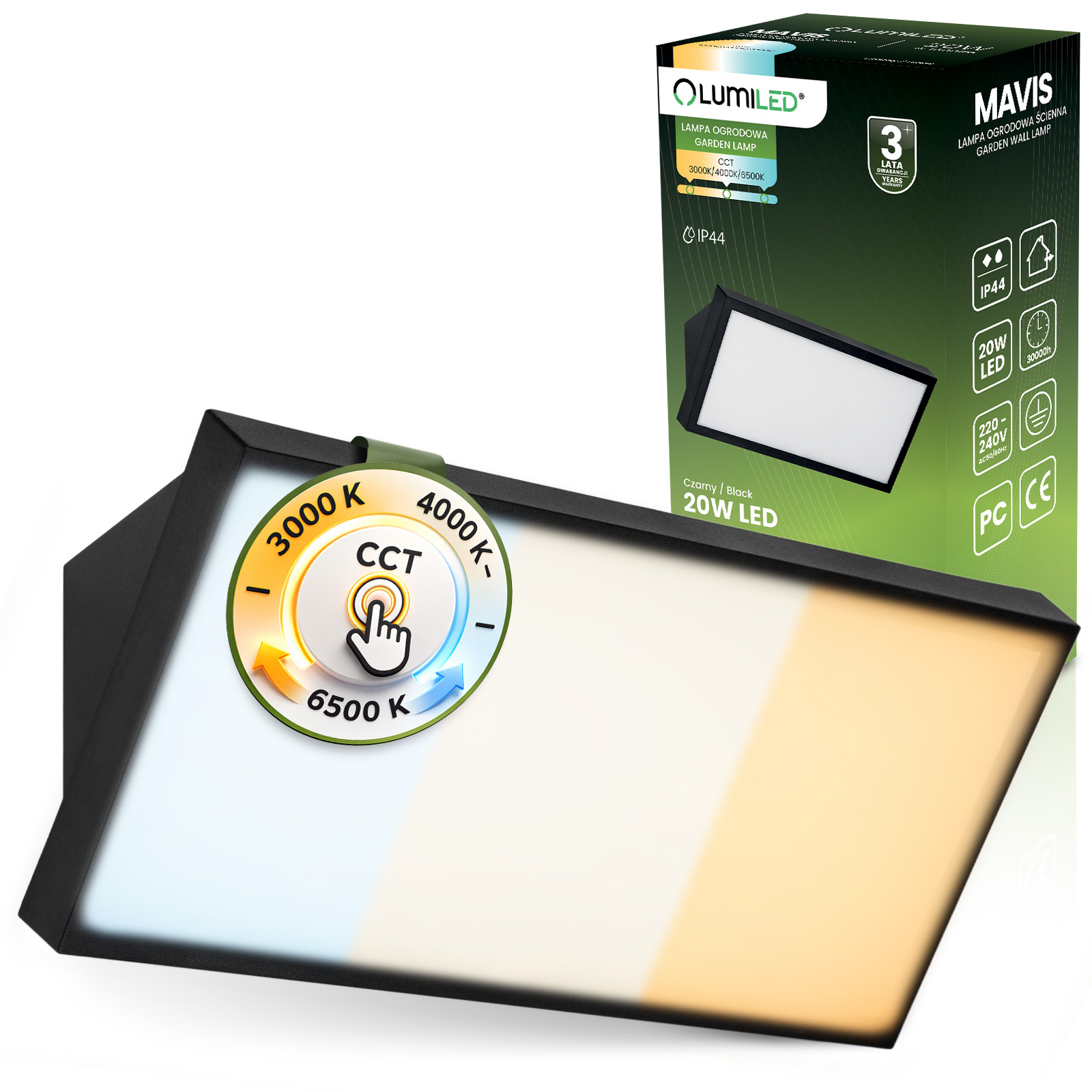 Lampa Ogrodowa Zewnętrzna Kinkiet Elewacyjny CCT 20W LED IP44 MAVIS LUMILED - główne zdjęcie produktu