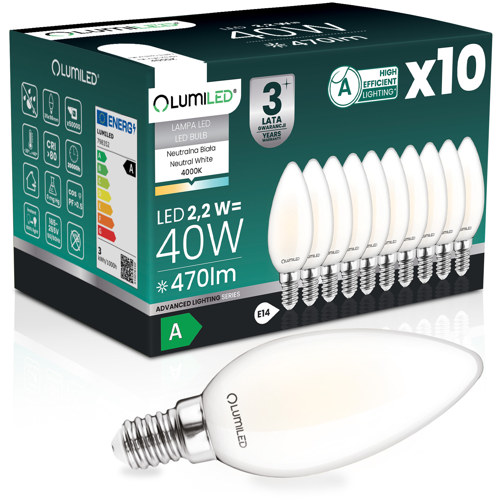 10x Żarówka LED E14 Świeczka B35 2,2W 470lm = 40W 4000K Neutralna 360° Filament KLASA A LUMILED - główne zdjęcie produktu