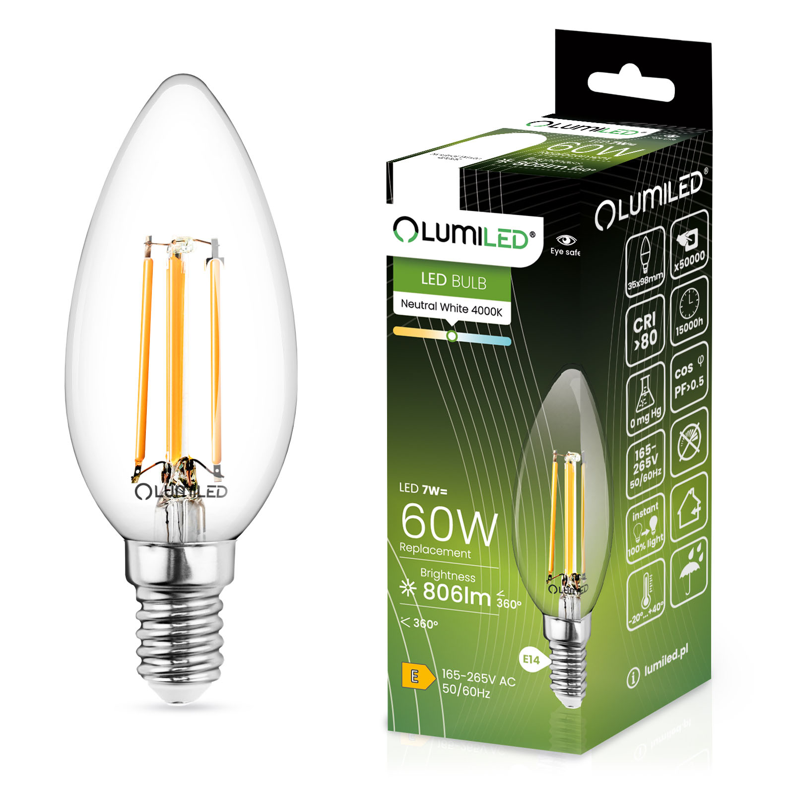 Żarówka LED E14 Świeczka B35 7W = 60W 806lm 4000K Neutralna 360° FILAMENT LUMILED - główne zdjęcie produktu