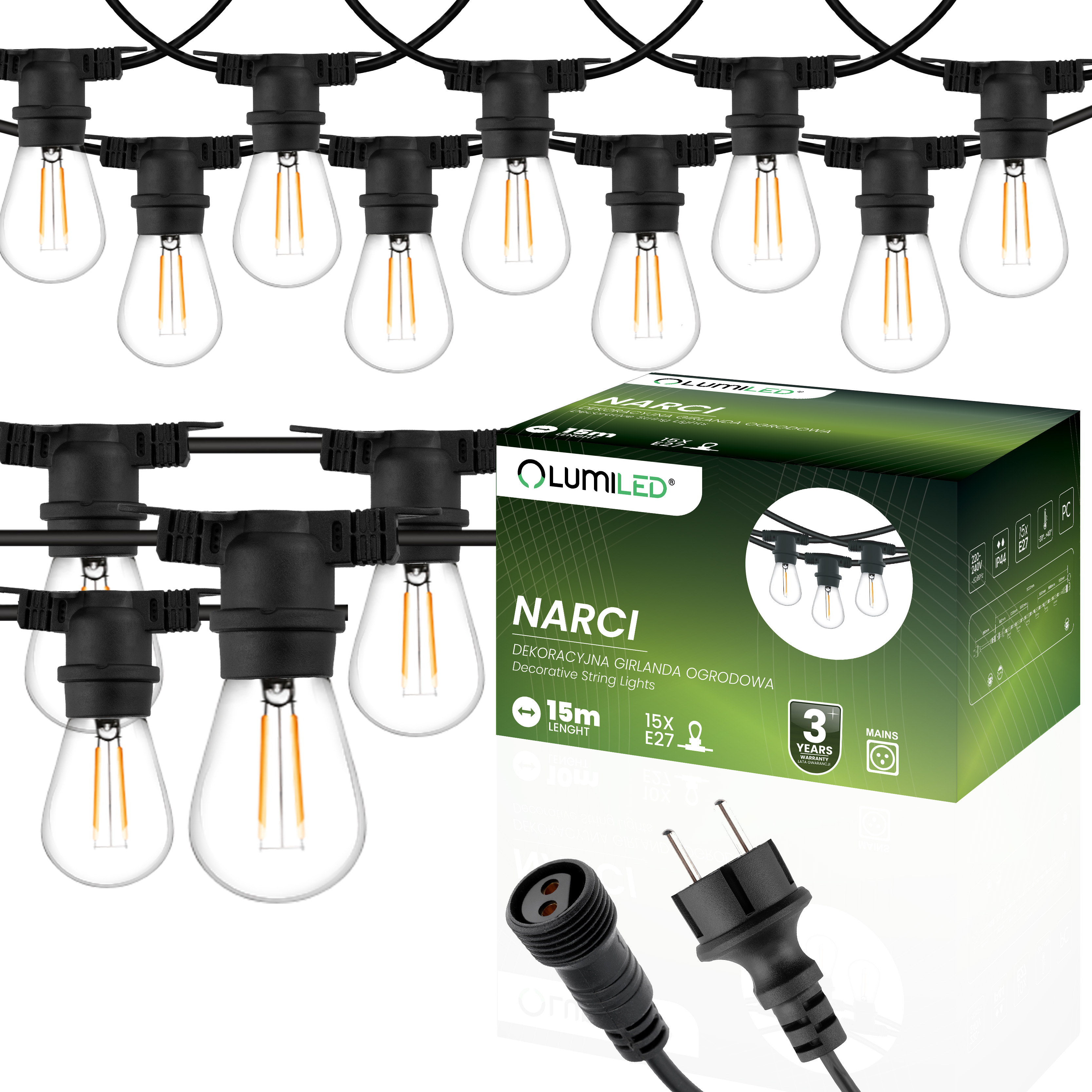 Girlanda Ogrodowa Zewnętrzna Łańcuch Świetlny 20m 20x E27 Żarówki 2W 3000K NARCI Lumiled - główne zdjęcie produktu