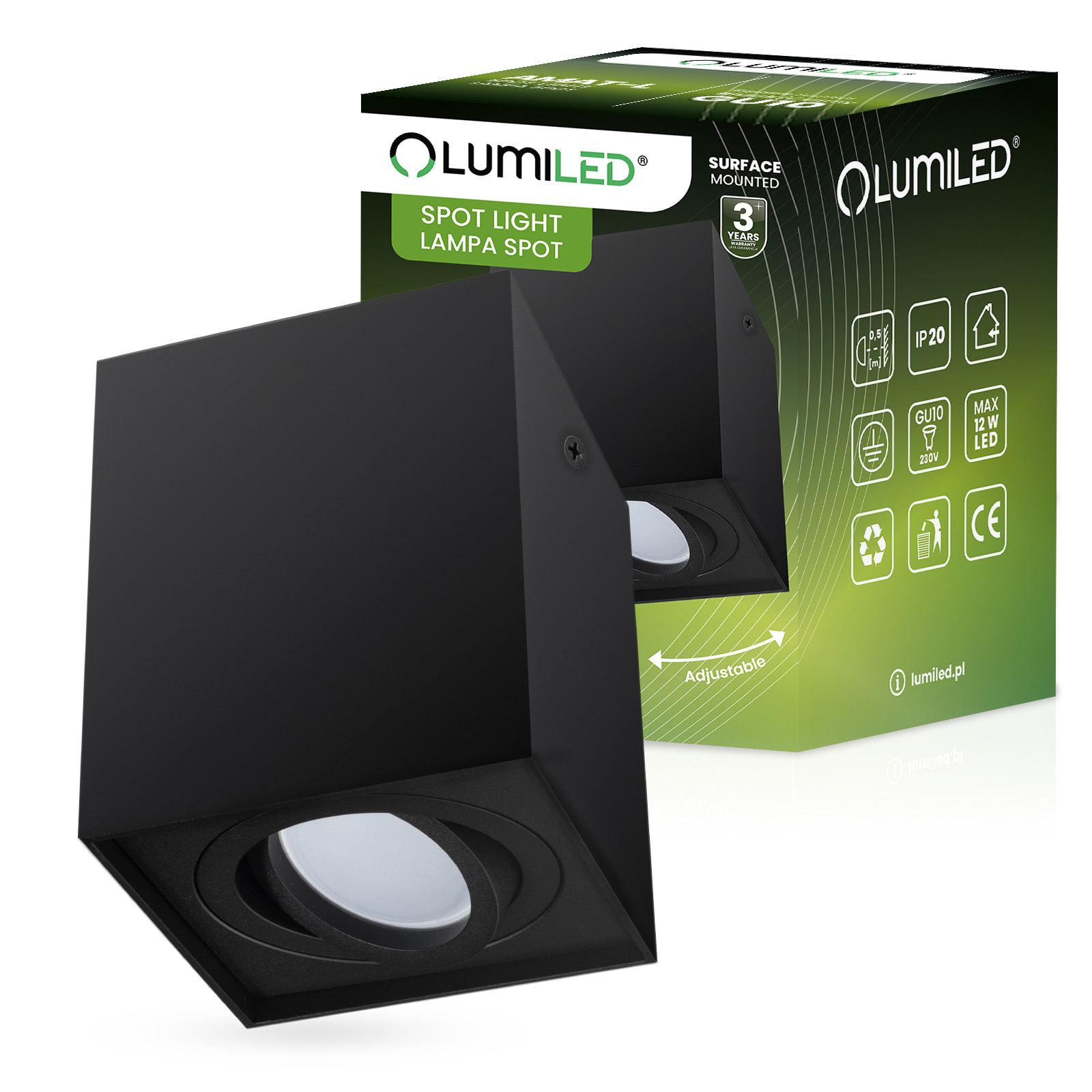 Oprawa Natynkowa HALOGENOWA Spot Tuba Ruchoma GU10 Kwadratowa Czarna 115mm AMAT-L LUMILED - główne zdjęcie produktu