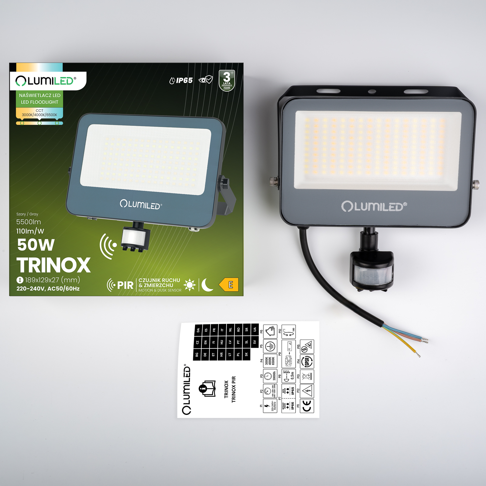 Naświetlacz LED TRINOX 50W 5500lm CCT IP65 Szary Czujnik Ruchu i Zmierzchu LUMILED - skład produktu