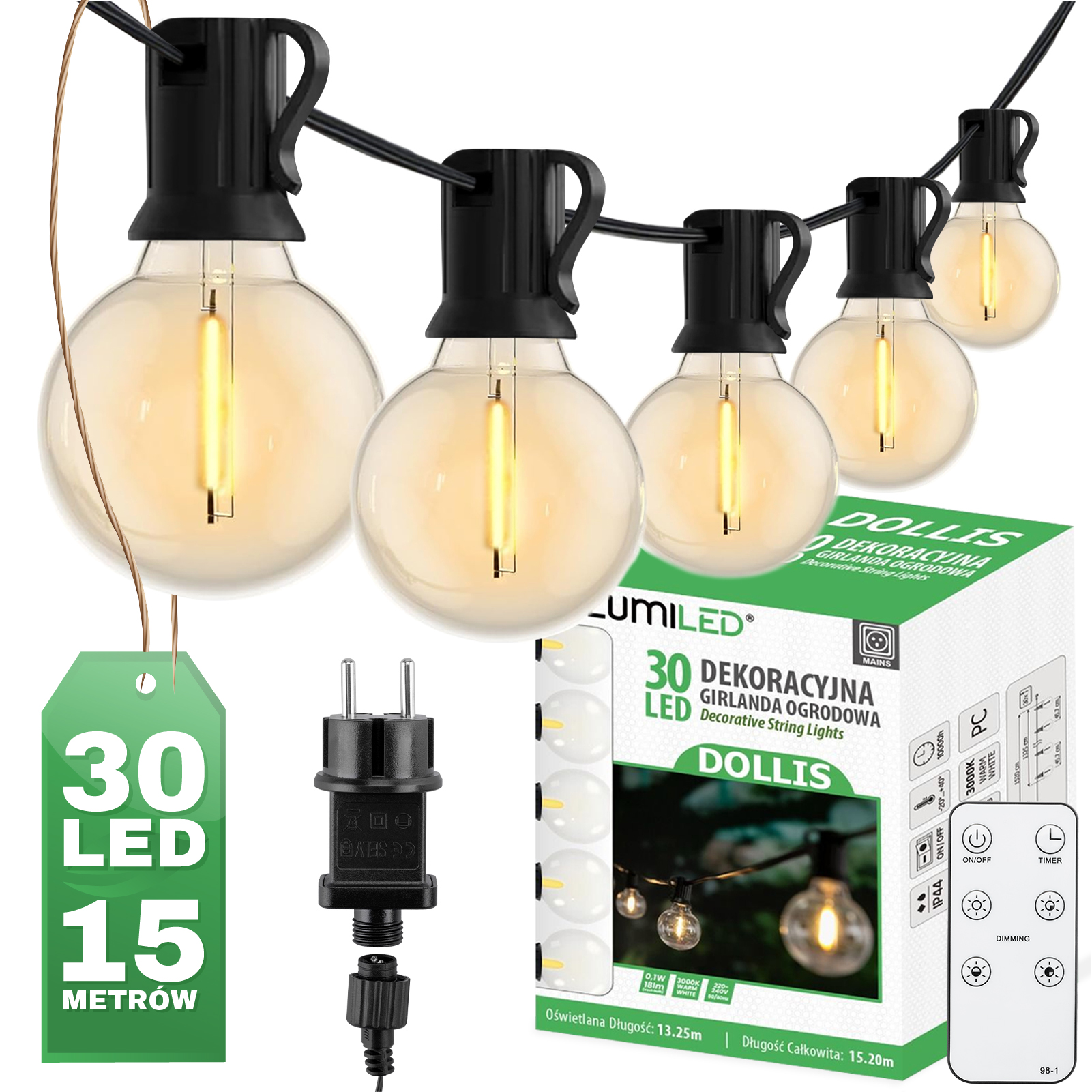 Girlanda Ogrodowa Zewnętrzna Łańcuch Świetlny 15,2m 30x LED Ozdobne Kuleczki 3000K + Pilot DOLLIS LUMILED - główne zdjęcie produktu