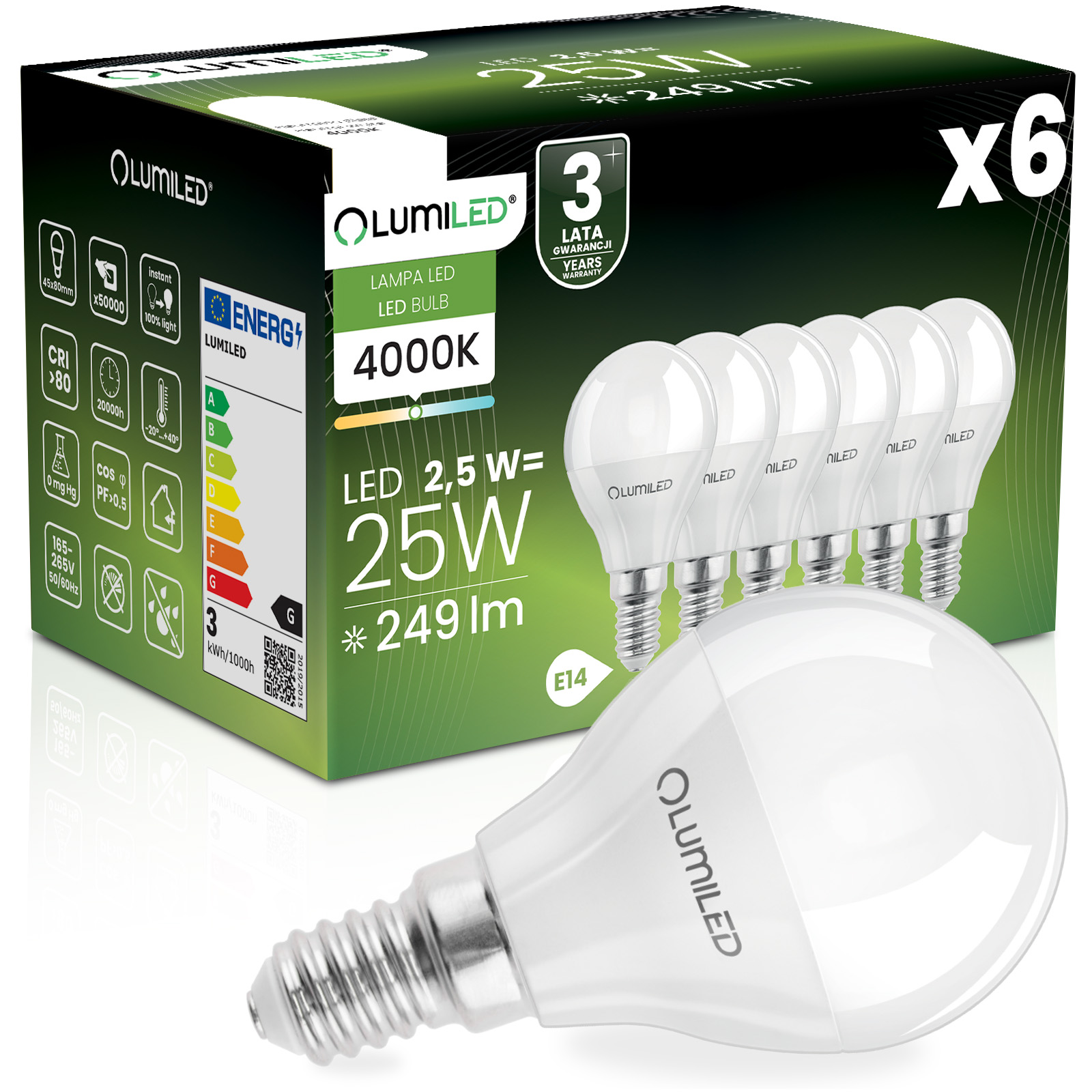 6x Żarówka LED E14 Kulka P45 2,5W = 25W 249lm 4000K Neutralna 180° LUMILED - główne zdjęcie produktu