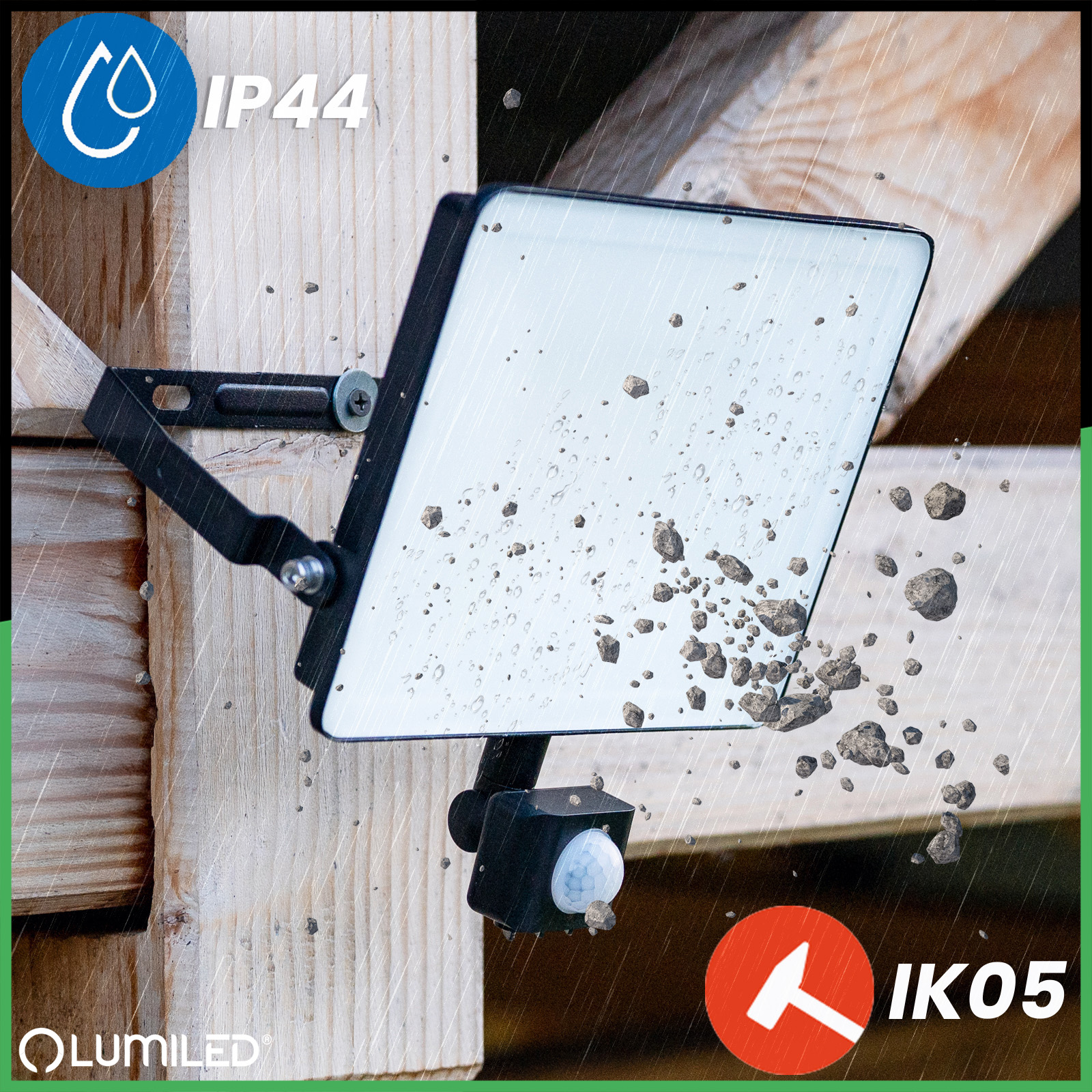 Naświetlacz LED AZZLER 50W 6000lm 4000K IP44 Halogen Zewnętrzny Lampa z Czujnikiem Ruchu Czarny LUMILED - pierwsza cecha produktu