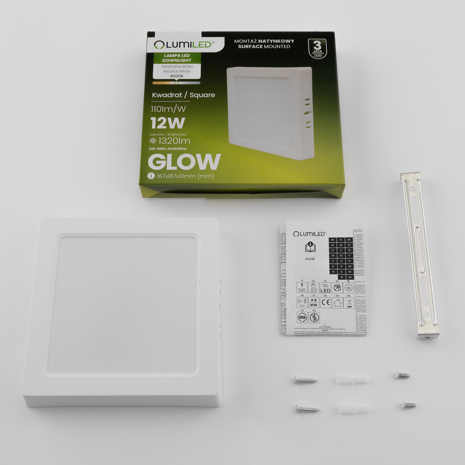 Oprawa Natynkowa Lampa LED Sufitowa 12W Kwadrat 4000K GLOW Biała LUMILED - skład produktu