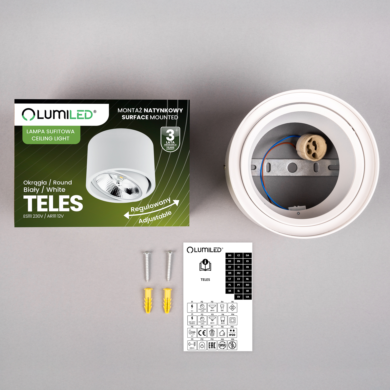 Oprawa Natynkowa HALOGENOWA SPOT TUBA Ruchoma GU10 ES111 Okrągła Biała 100mm TELES LUMILED - skład produktu