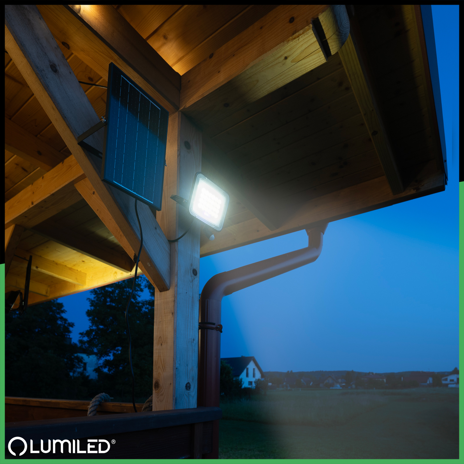 Naświetlacz Solarny LED Halogen 100W Lampa Ogrodowa 4000K IP65 Czujnik Ruchu PIR + Pilot FULGOR LUMILED - aranżacja