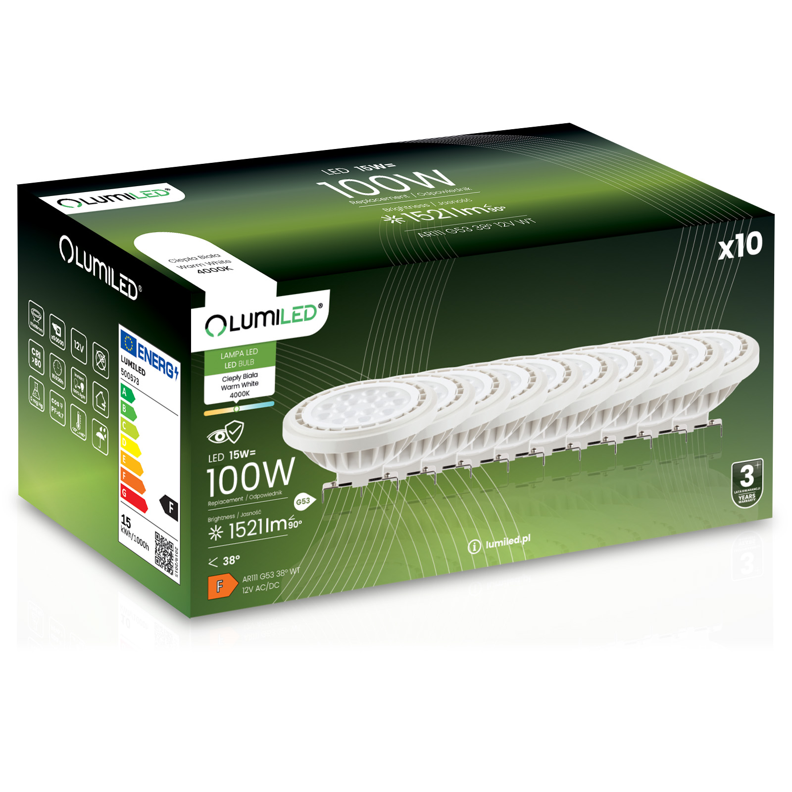 10x Żarówka LED G53 Reflektor AR111 15W = 100W 1521lm 4000K Neutralna 38° 12V LUMILED - główne zdjęcie produktu