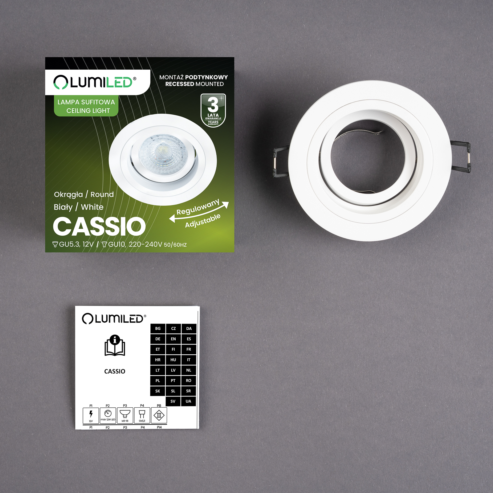 Oprawa HALOGENOWA Podtynkowa Ruchoma GU10 MR16 Okrągła Biała CASSIO LUMILED - skład produktu