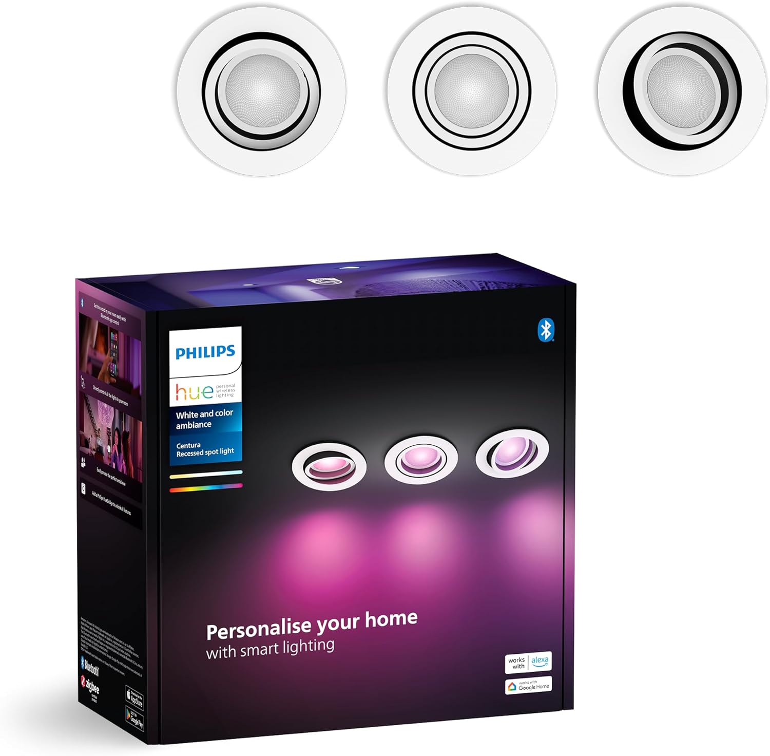 3x Oprawa Podtynkowa Wpuszczana LED 4.2W 400lm IP20 White and Color Ambiance RGB + TW Biała Inteligentna SMART Zigbee Bluetooth Centura Philips HUE - główne zdjęcie produktu