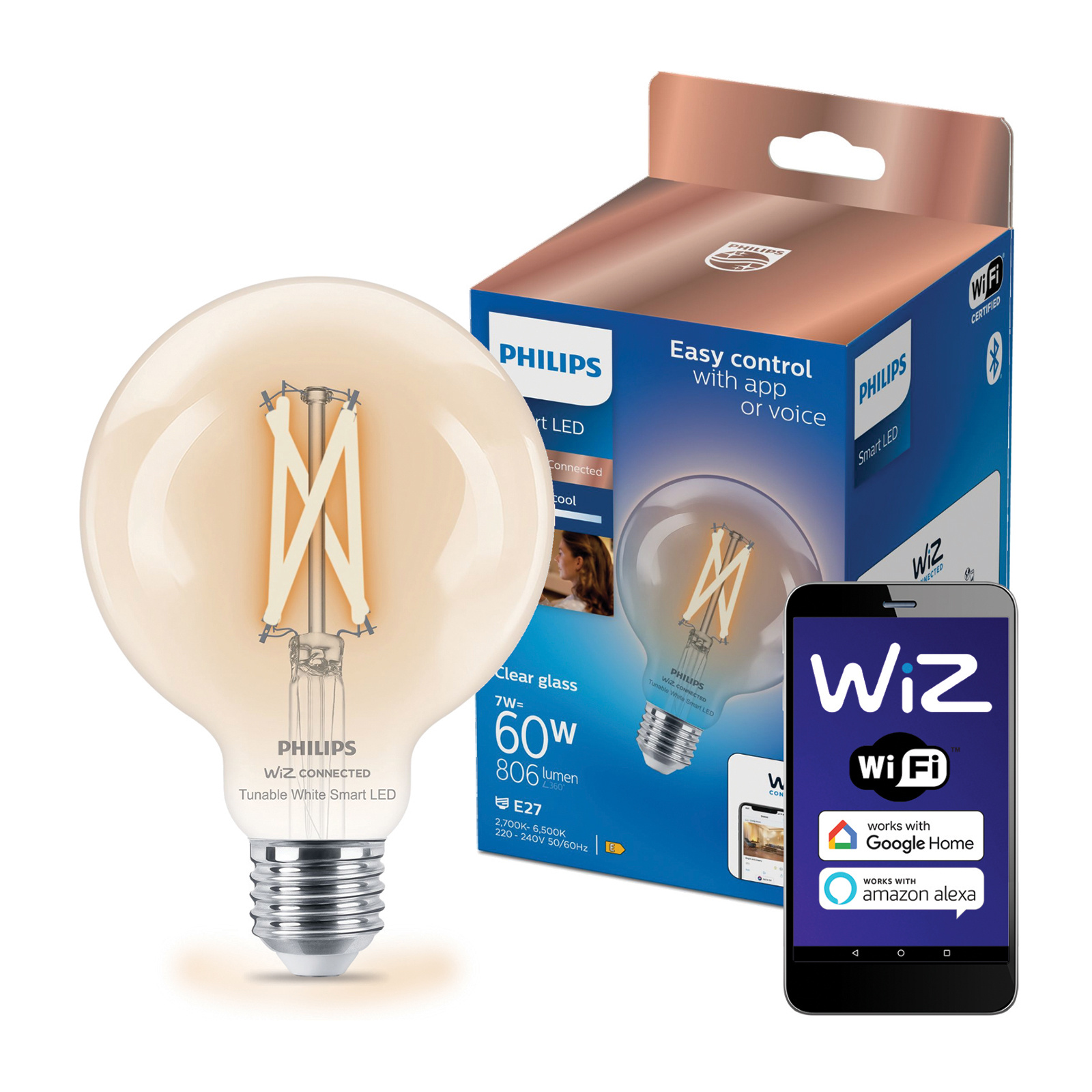 Żarówka LED E27 Kula G95 7W = 60W 806lm 2700-6500K TW FILAMENT Inteligentna SMART WiFi Bluetooth Aplikacja WiZ Philips - główne zdjęcie produktu