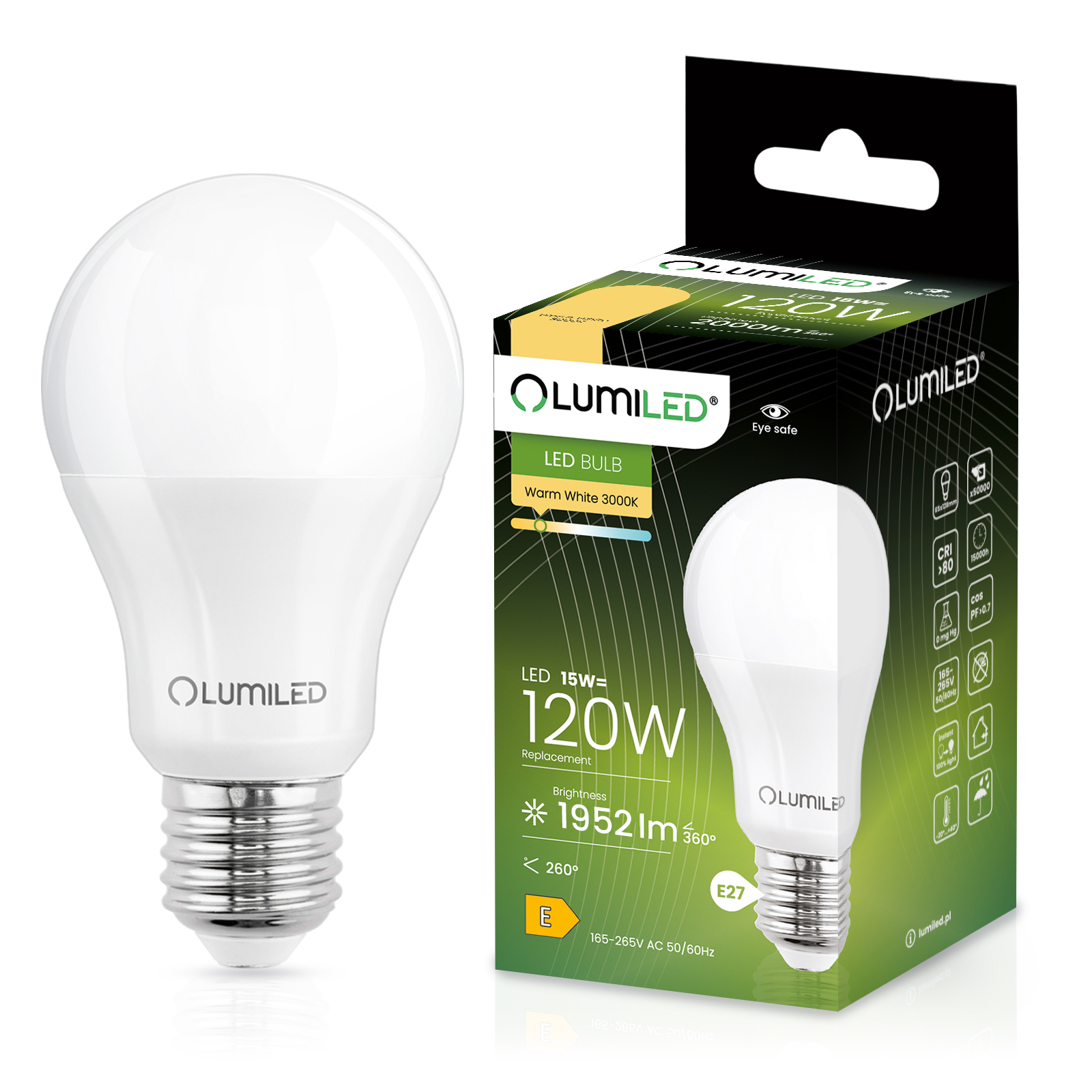 Żarówka LED E27 A60 15W = 120W 1952lm 3000K Ciepła 260° LUMILED - główne zdjęcie produktu