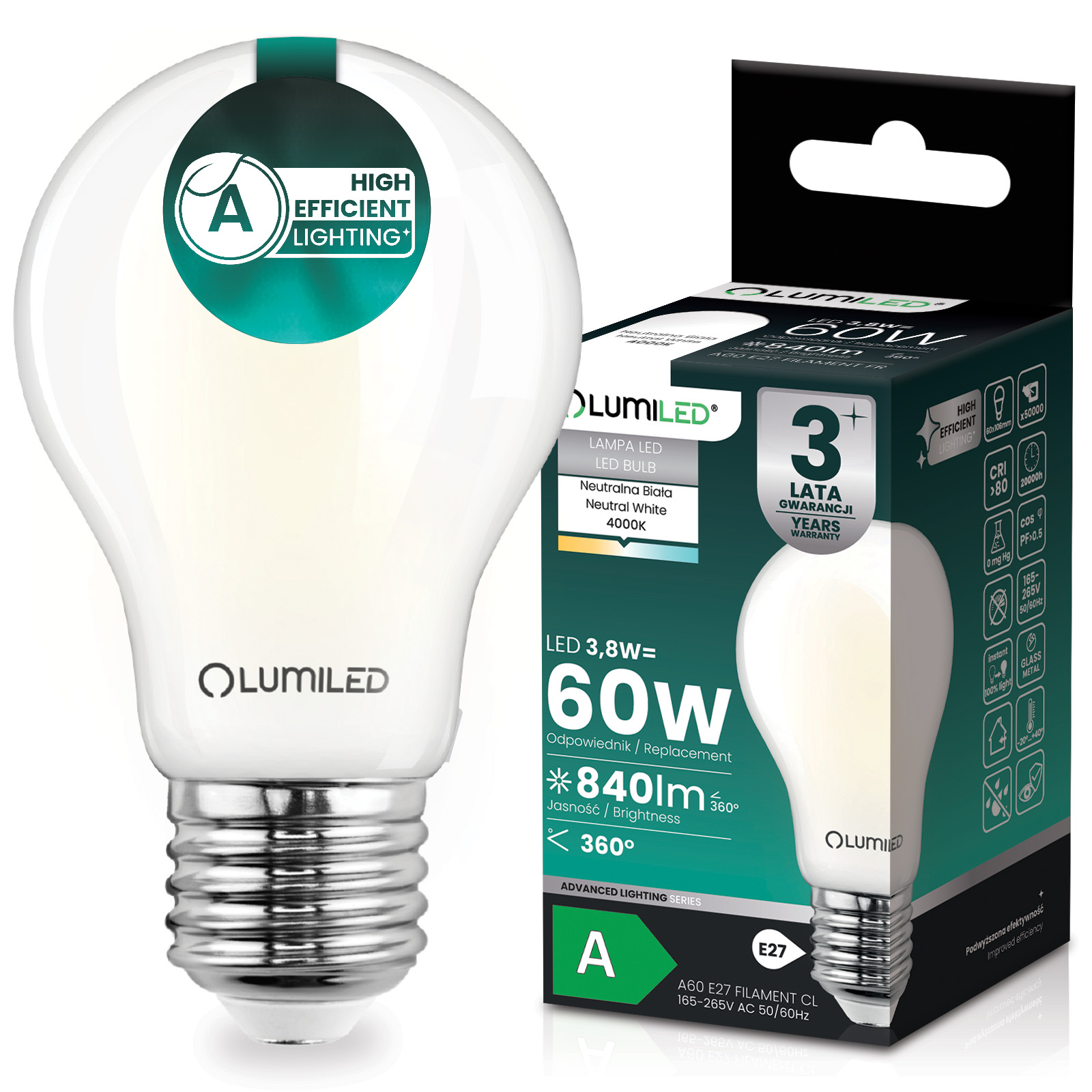 Żarówka LED E27 A60 3,8W 840lm = 60W 4000K Neutralna 360° Filament KLASA A LUMILED - główne zdjęcie produktu