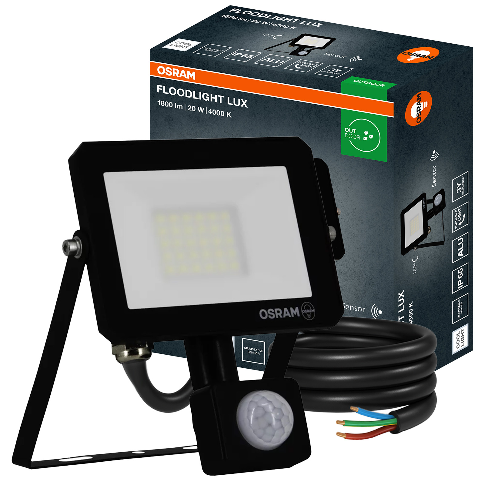 Naświetlacz LED Halogen Zewnętrzny Reflektor 20W 4000K 1800lm IP65 z Czujnikiem Ruchu i Zmierzchu SENSOR FLOODLIGHT LUX OSRAM - główne zdjęcie produktu