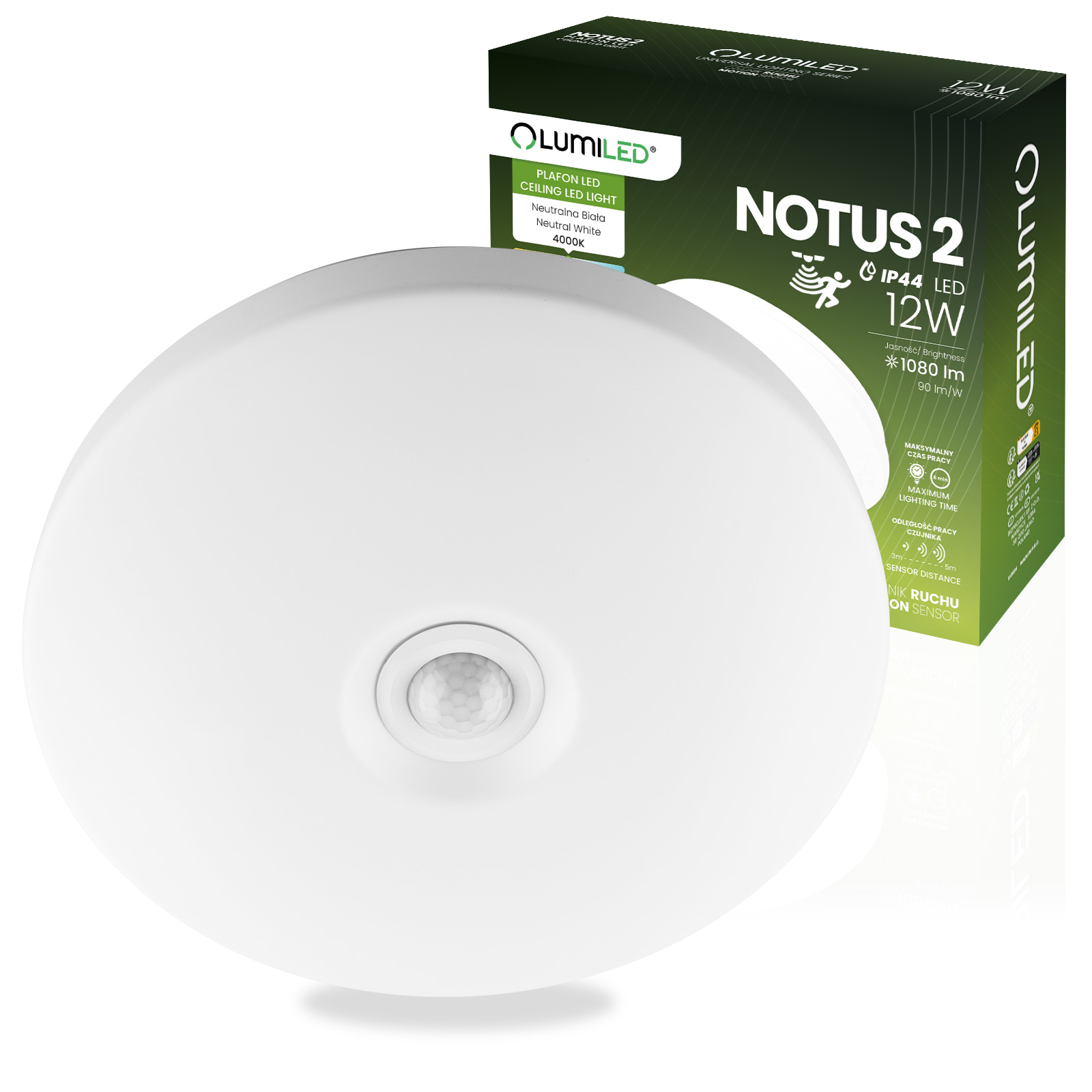 Plafon LED Lampa Sufitowa Natynkowa 12W NOTUS 2 Okrągły Czujnik Ruchu IP44 25 cm LUMILED - główne zdjęcie produktu