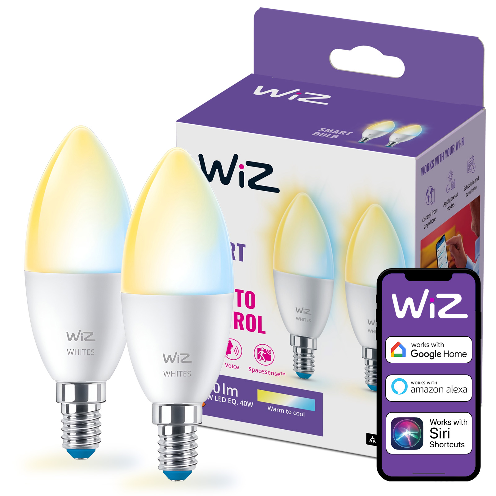 2x Żarówka LED E14 Świeczka C37 4.9W = 40W 470lm 2700-6500K TW Inteligentna SMART WiFi Bluetooth Aplikacja WiZ - główne zdjęcie produktu