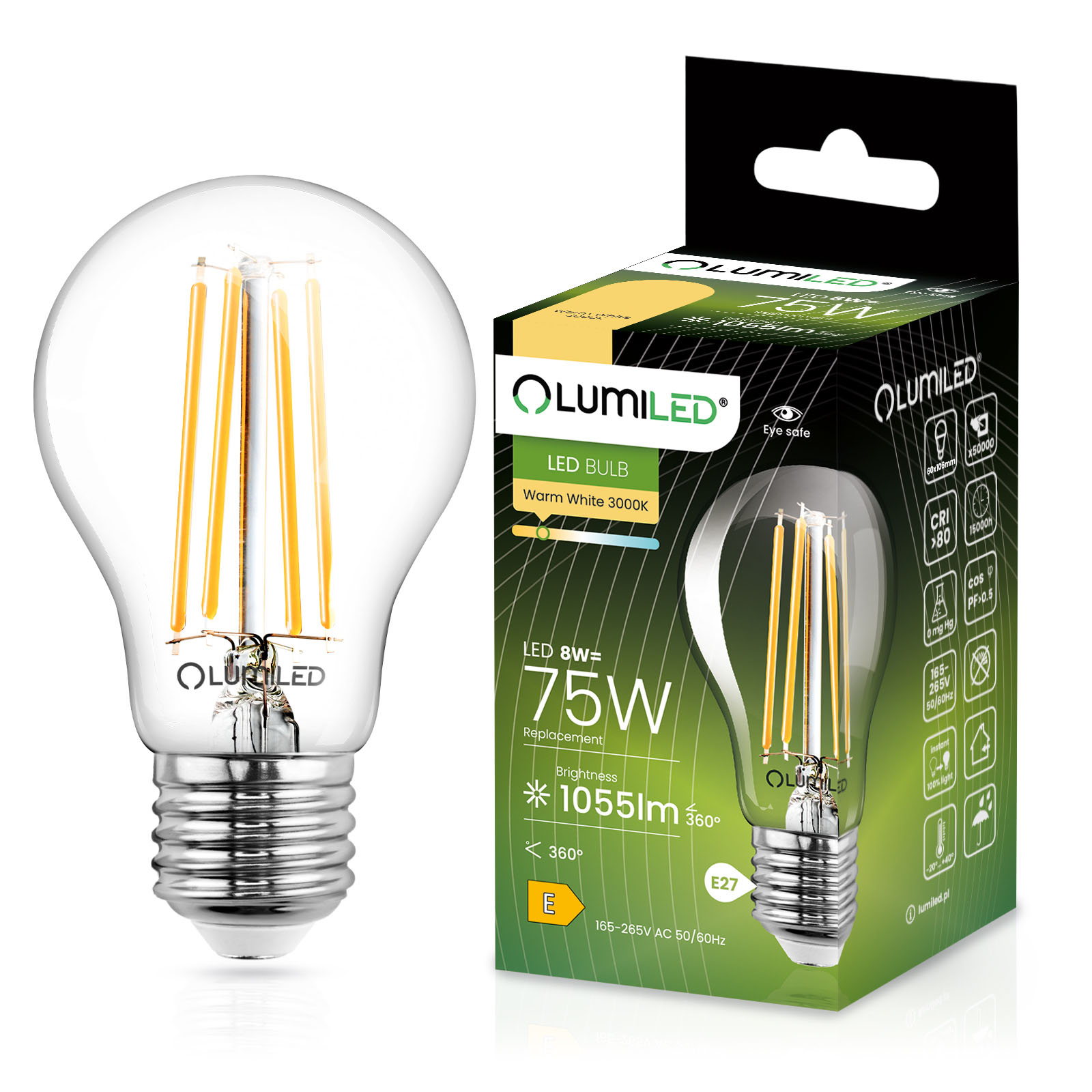 Żarówka LED E27 A60 8W = 75W 1055lm 3000K Ciepła 360° FILAMENT LUMILED - główne zdjęcie produktu