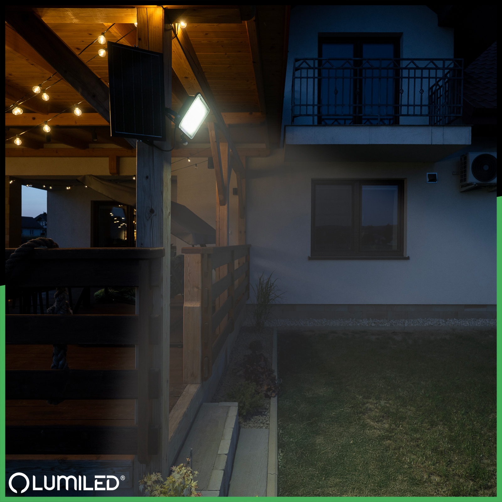 Naświetlacz Solarny LED Halogen 200W Lampa Ogrodowa 4000K IP65 Czujnik Ruchu PIR + Pilot FULGOR LUMILED - aranżacja