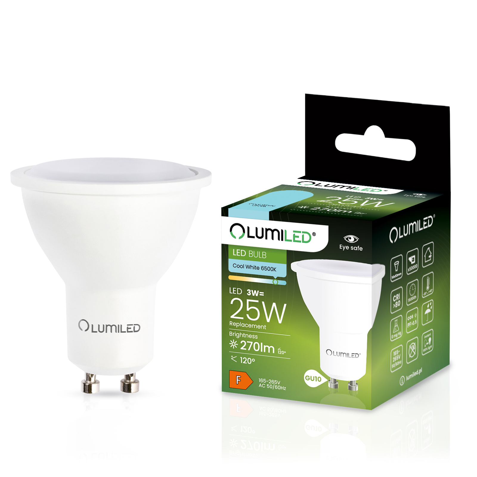 Żarówka LED GU10 Reflektor PAR16 3W = 25W 270lm 6500K Zimna 120° LUMILED - główne zdjęcie produktu