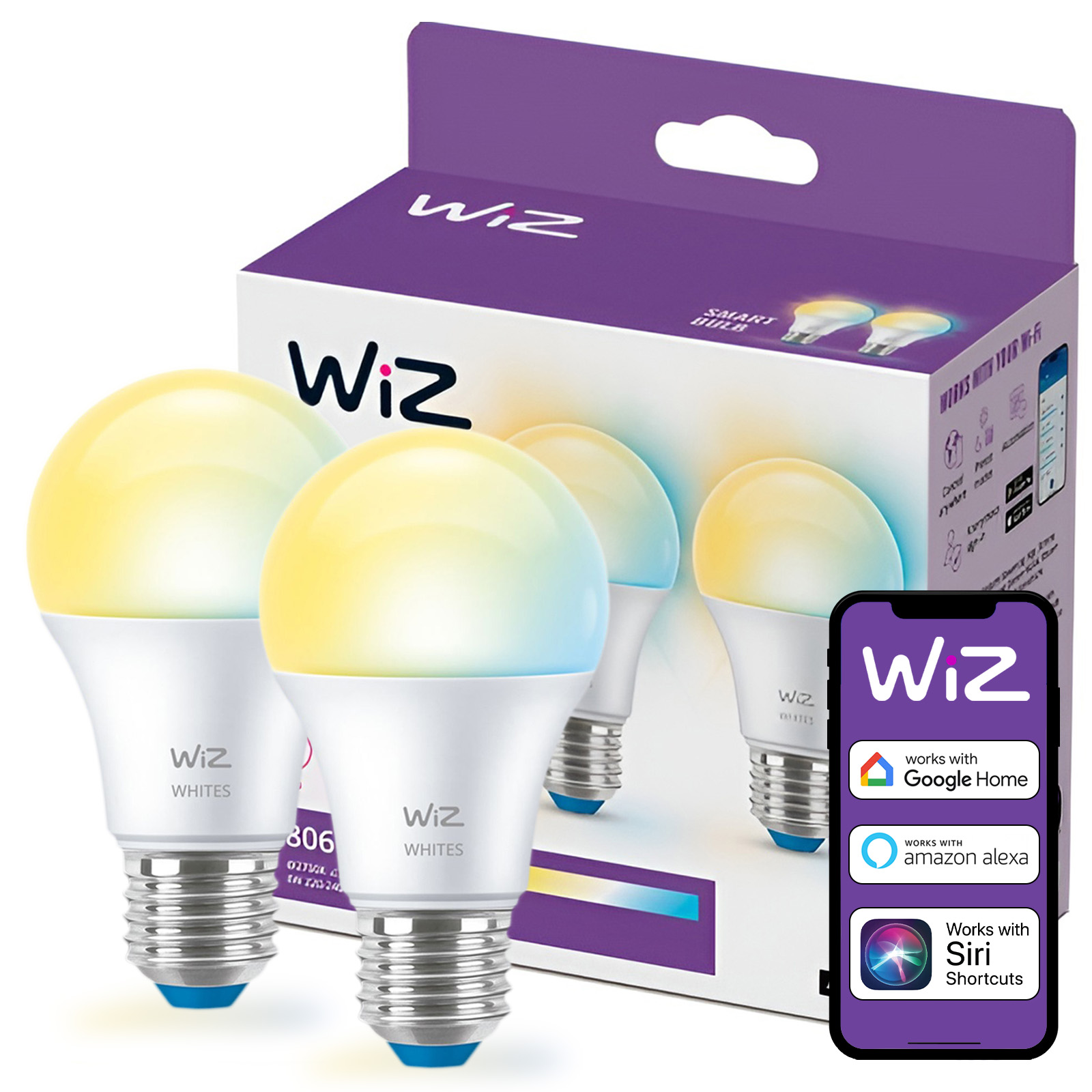 2x Żarówka LED E27 A60 8W = 60W 806lm 2700-6500K TW Inteligentna SMART WiFi Bluetooth Aplikacja WiZ - główne zdjęcie produktu