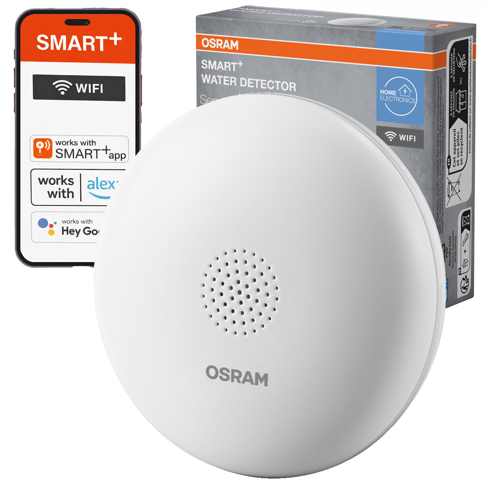 Bezprzewodowy Detektor Czujnik Wycieków Wody IP67 Alarm 75dB Biały Osram SMART WiFi 2.4GHz - główne zdjęcie produktu
