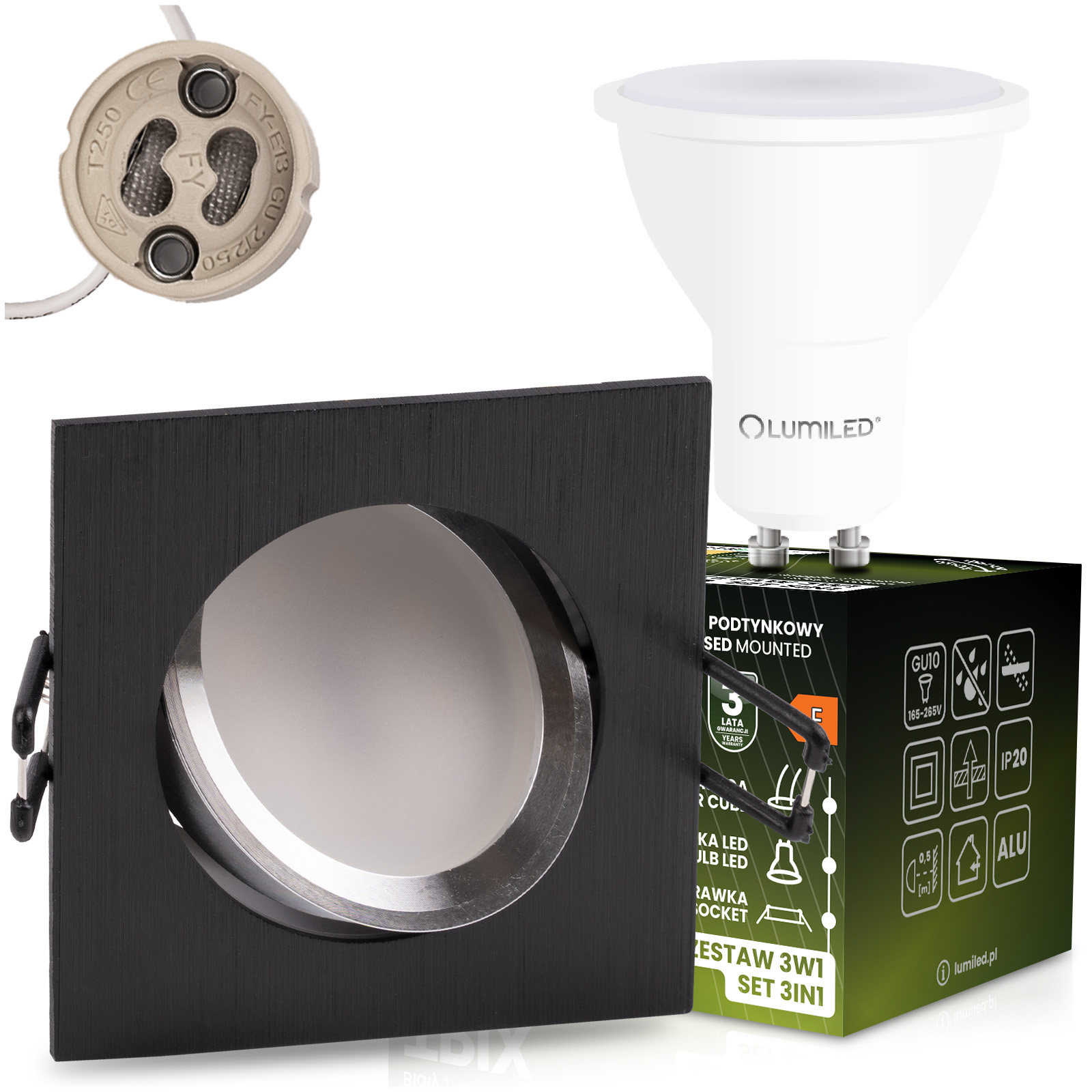Oprawa Halogenowa Podtynkowa Kwadratowa Ruchoma TRIX 3w1 GU10 6W 4000K Czarny LUMILED - główne zdjęcie produktu