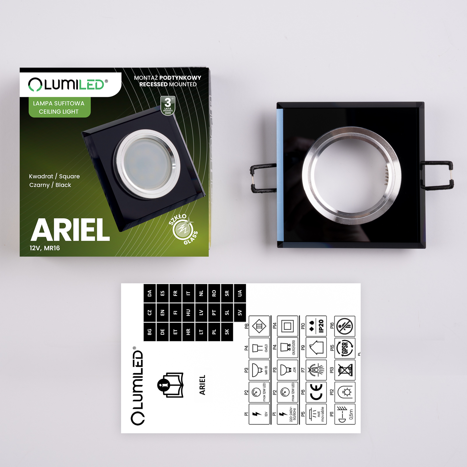 Oprawa halogenowa SZKLANA Sufitowa LED GU10 MR16 stała Ariel czarna kwadratowa - skład produktu