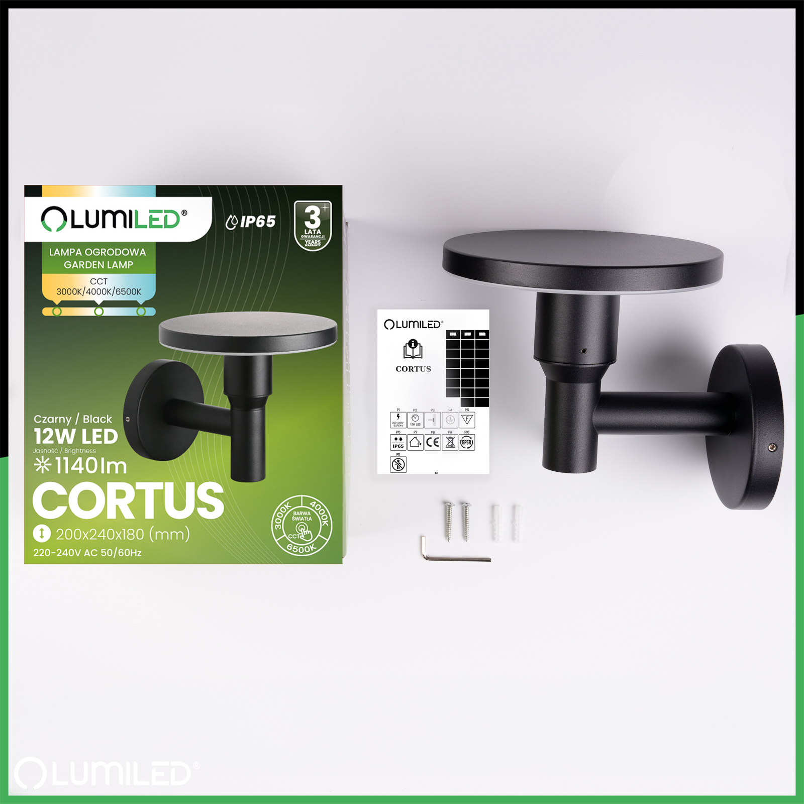 Lampa Ogrodowa Zewnętrzna Kinkiet Elewacyjny CCT LED 12W 3000-6500K IP65 CORTUS LUMILED - skład produktu