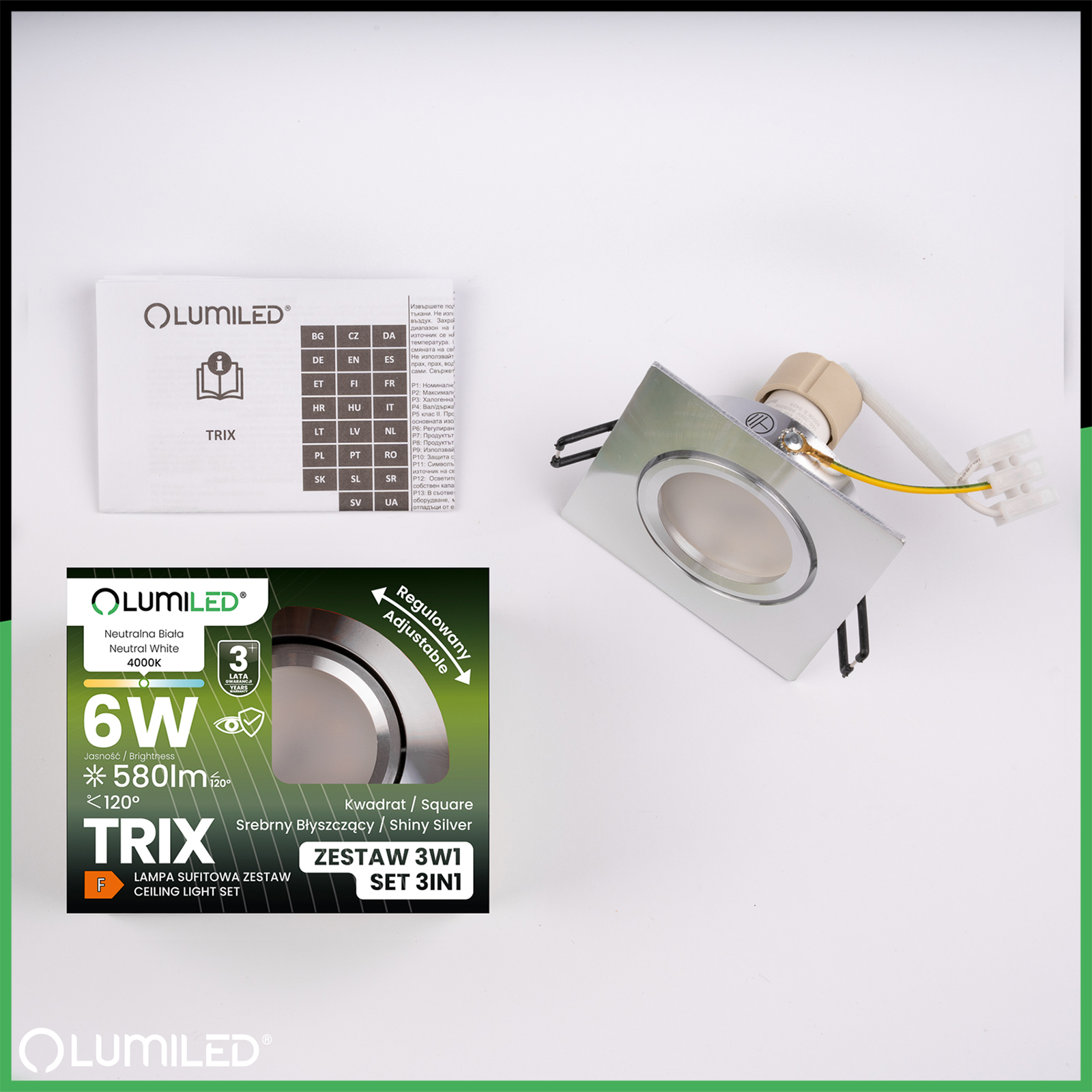 Oprawa Halogenowa Podtynkowa Kwadratowa Ruchoma TRIX 3w1 GU10 6W 4000K Srebrna Błyszcząca LUMILED - skład produktu