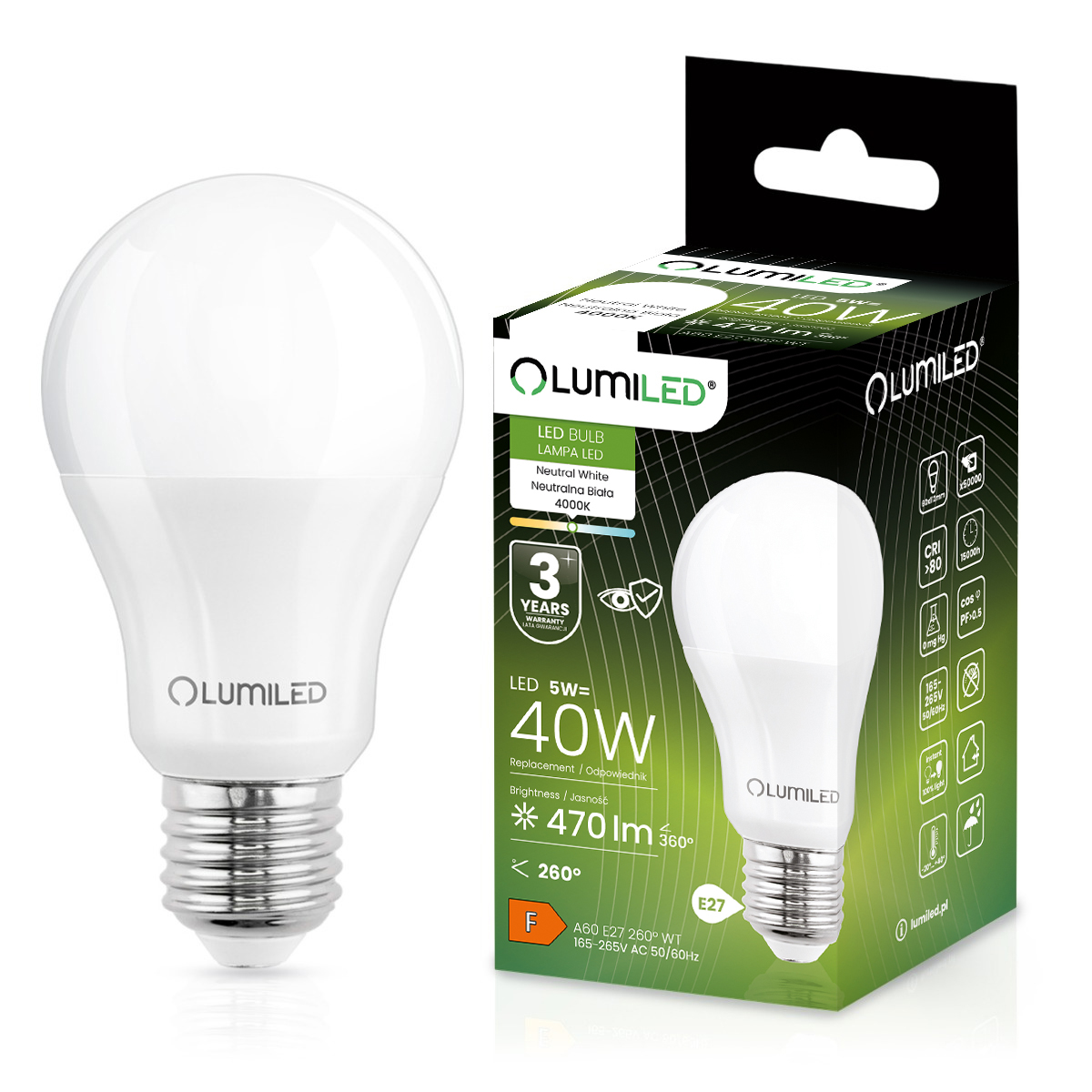 Żarówka LED E27 A60 5W = 40W 470lm 4000K Neutralna 260° LUMILED - główne zdjęcie produktu