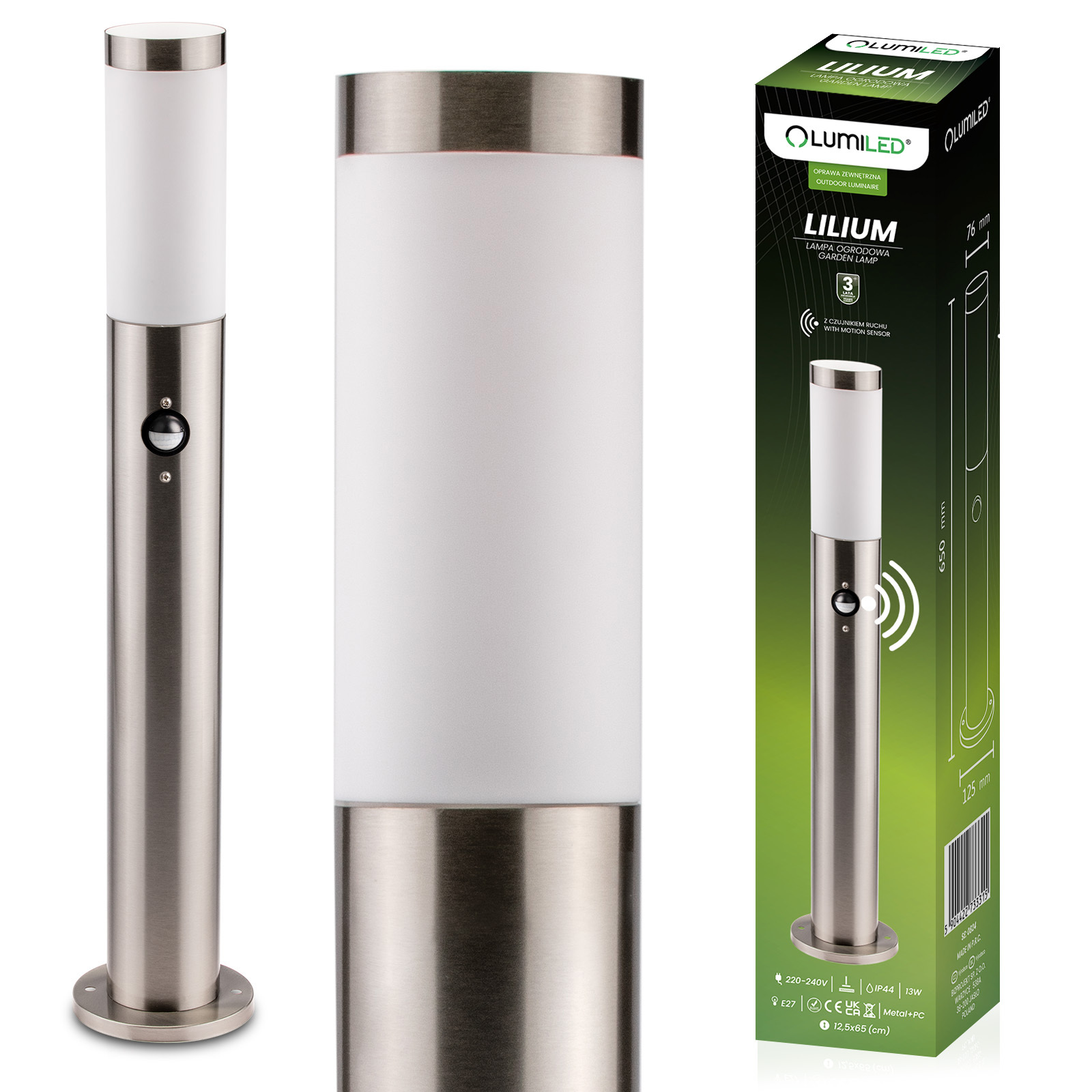 Lampa Ogrodowa Zewnętrzna E27 INOX SŁUPEK 65cm z Czujnikiem Ruchu Lilium LUMILED - główne zdjęcie produktu