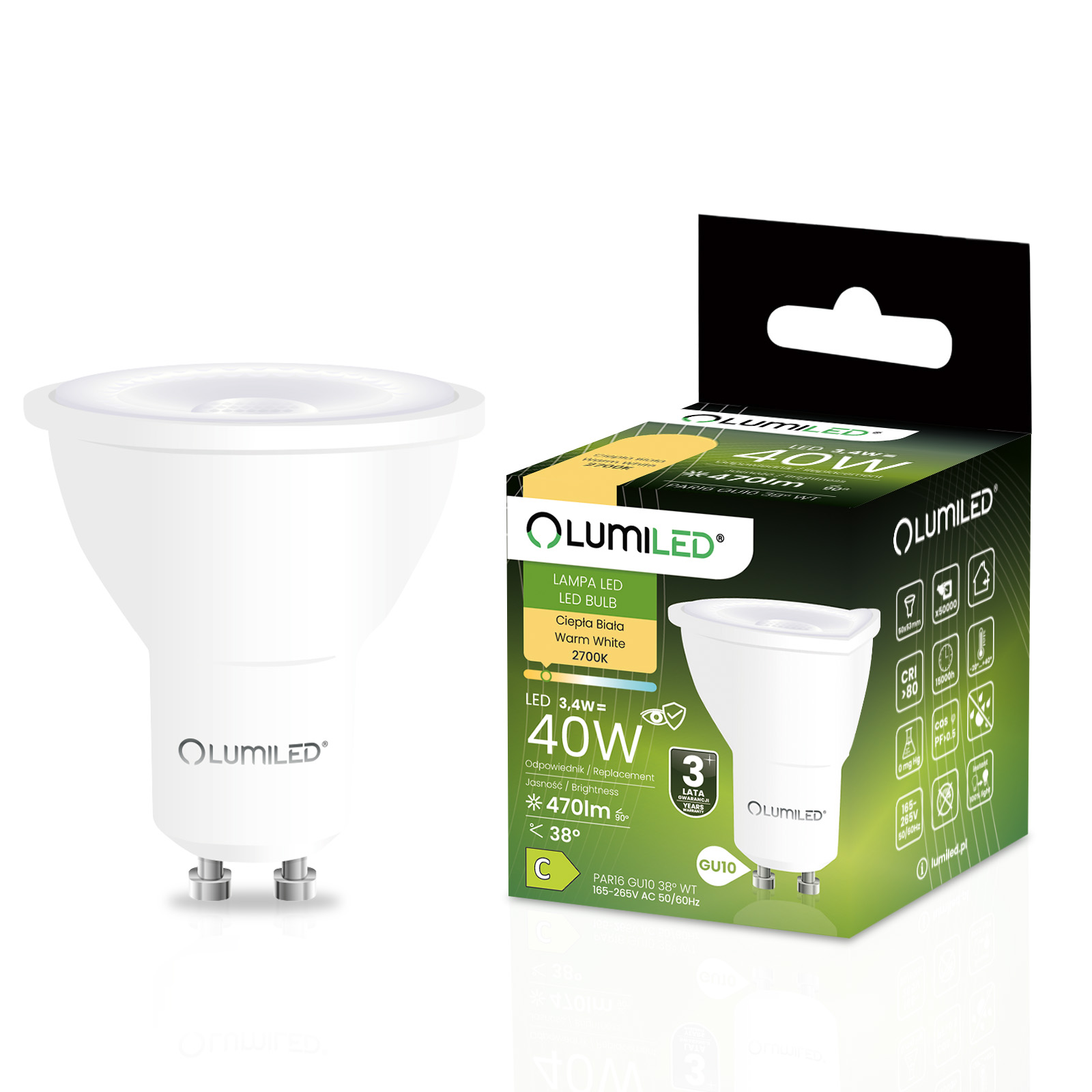 Żarówka LED GU10 Reflektor PAR16 3,4W = 40W 470lm 2700K Ciepła 38° LUMILED - główne zdjęcie produktu