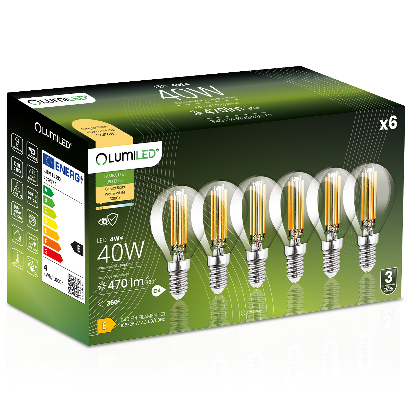 6x Żarówka LED E14 Kulka P45 4W = 40W 470lm 3000K Ciepła 360° FILAMENT LUMILED - główne zdjęcie produktu
