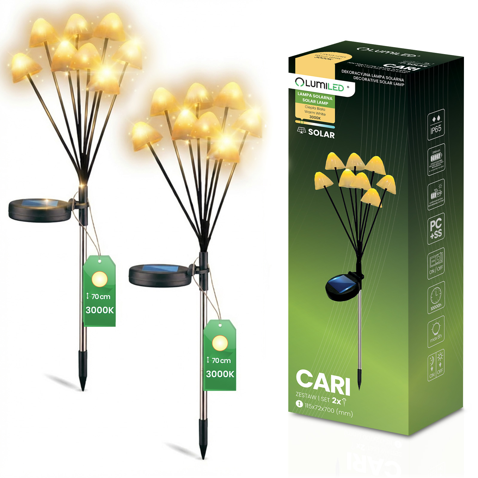 2x Lampa Solarna Ogrodowa LED Wbijana Słupek Zewnętrzny Grzybki IP65 Drzewko Solarne CARI LUMILED - główne zdjęcie produktu
