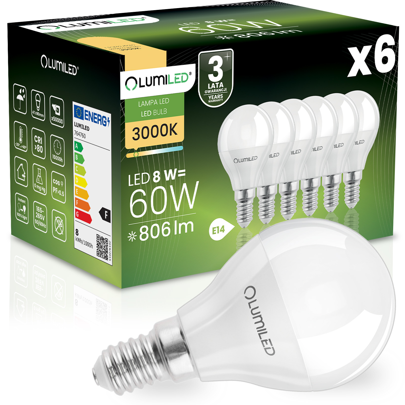 6x Żarówka LED E14 Kulka P45 8W = 60W 806lm 3000K Ciepła 180° LUMILED - główne zdjęcie produktu