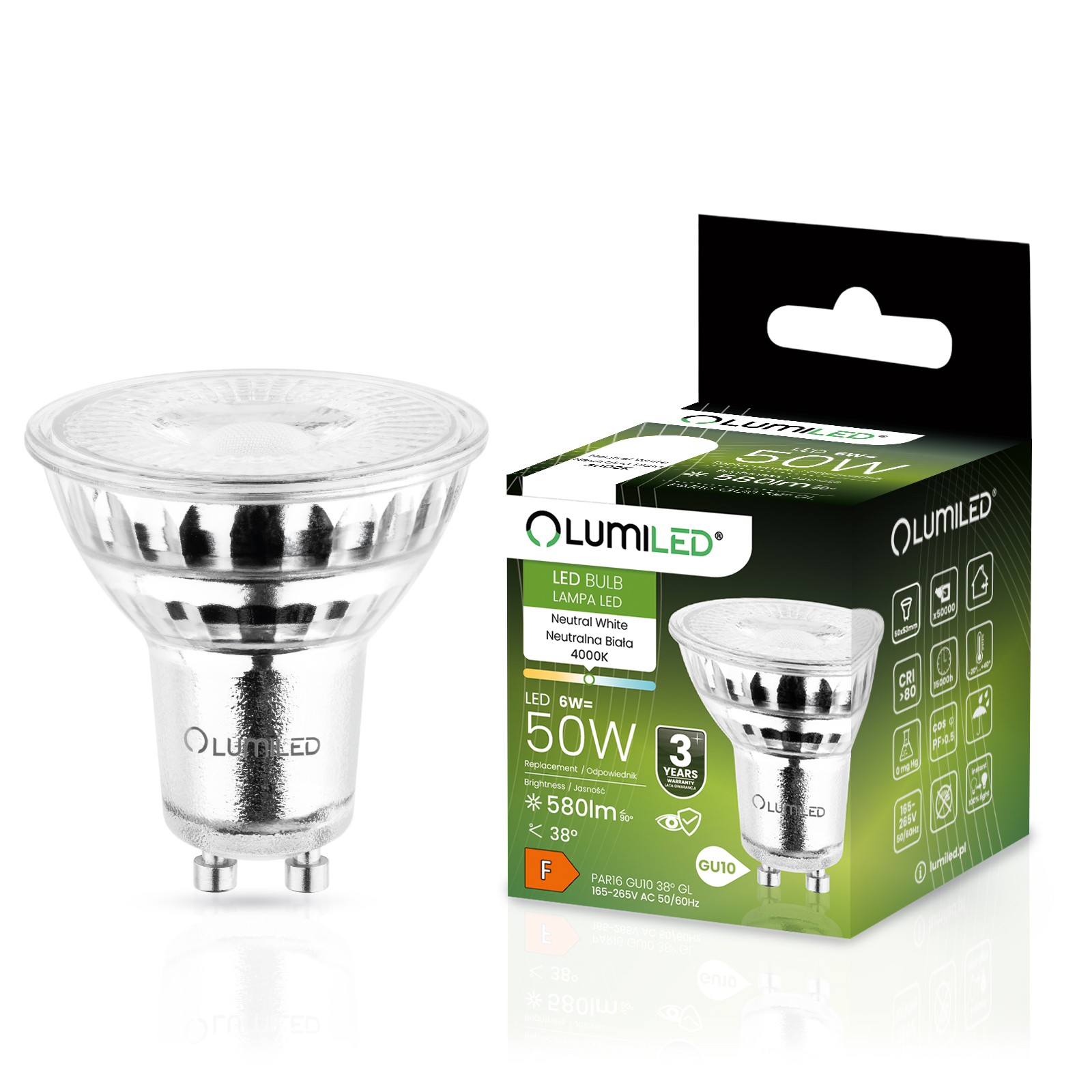 Żarówka LED GU10 Reflektor PAR16 6W = 50W 580lm 4000K Neutralna 38° LUMILED - główne zdjęcie produktu