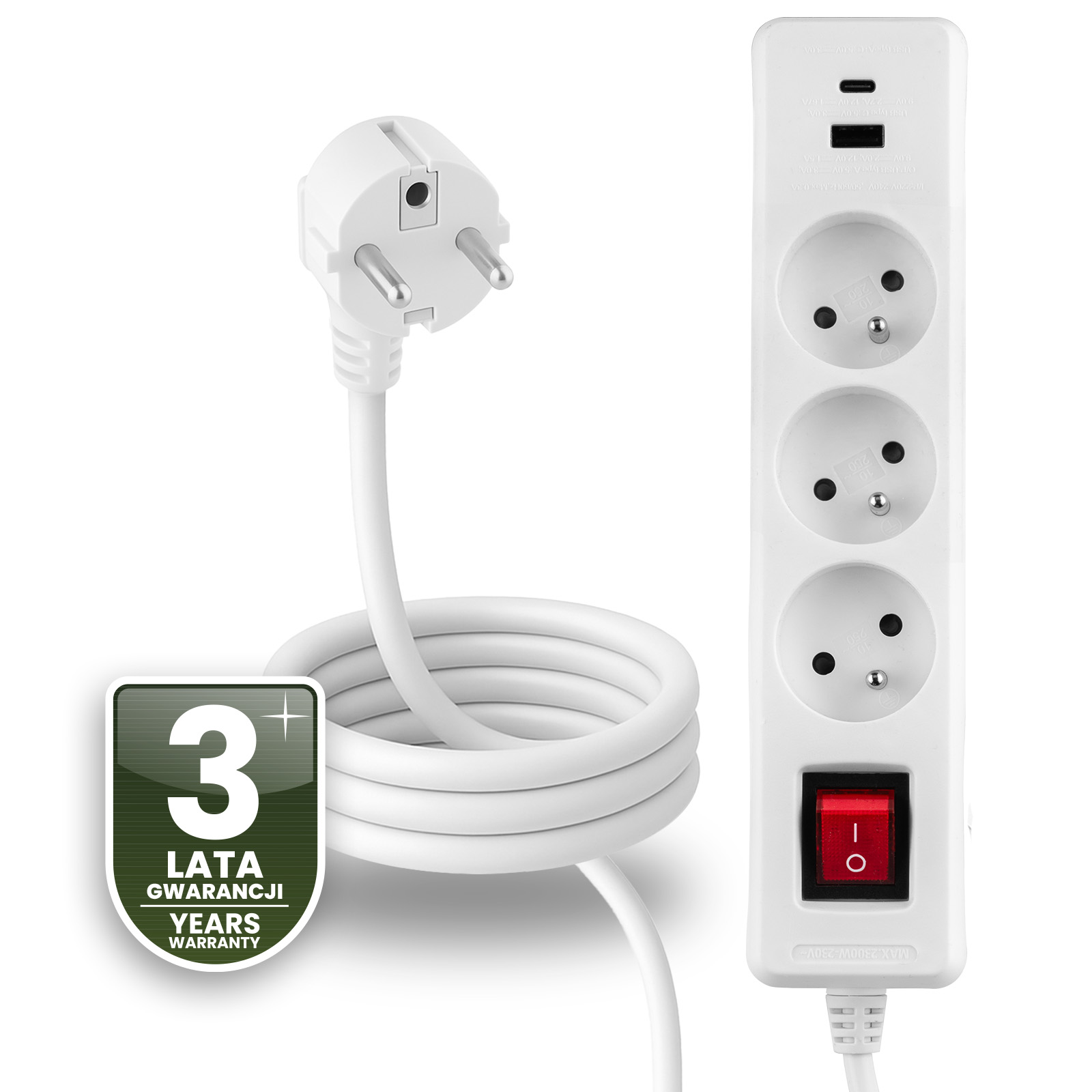 Przedłużacz Sieciowy Kabel z Uziemieniem Listwa Zasilająca 3 Gniazda 1.5m Włącznik ON/OFF Biały USB + USB-C Sznur ELGER Lumiled - czwarta cecha produktu