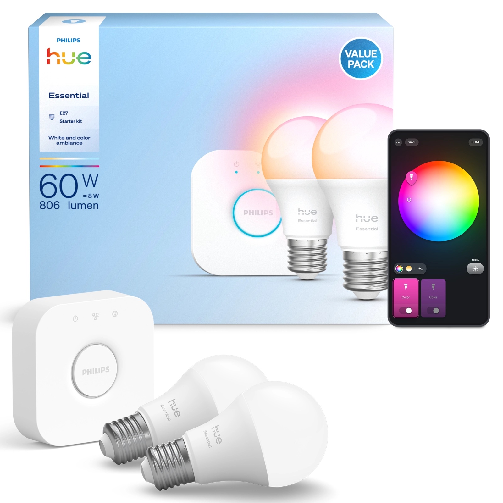 2x Żarówka LED E27 A60 8W = 60W 806lm 2200-6500K CCT + RGB SMART Inteligentna Bluetooth ZigBee White and Color Ambiance + Mostek Bridge Zestaw Startowy Philips HUE Essential - główne zdjęcie produktu