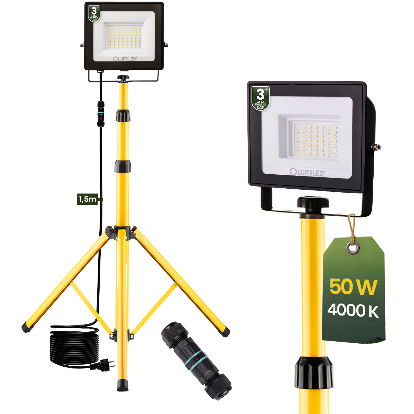 Naświetlacz LED Lampa 1x 50W Robocza Statyw Budowlany 4000K - główne zdjęcie produktu