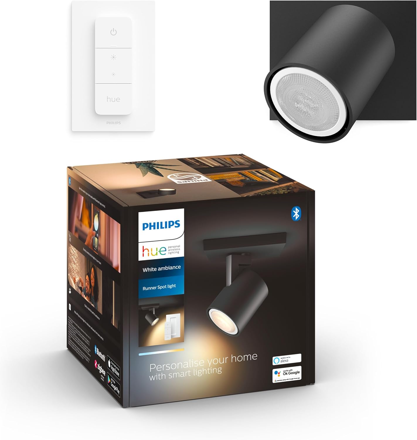 Lampa Ścienna Sufitowa LED Reflektor TUBA SPOT 4.2W 400lm IP20 White Ambiance TW Czarna Inteligentna SMART Zigbee Bluetooth + Regulator Pilot Runner Philips HUE - główne zdjęcie produktu
