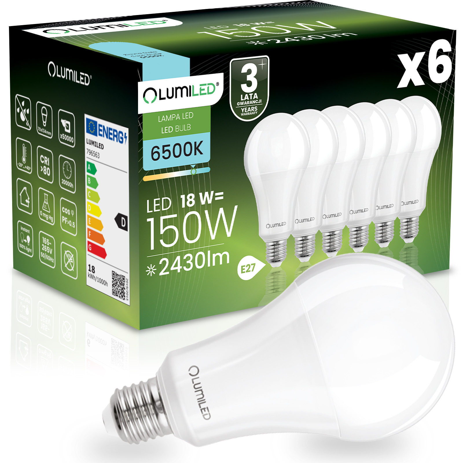 6x Żarówka LED E27 A70 18W = 150W 2430lm 6500K Zimna 260° LUMILED - główne zdjęcie produktu