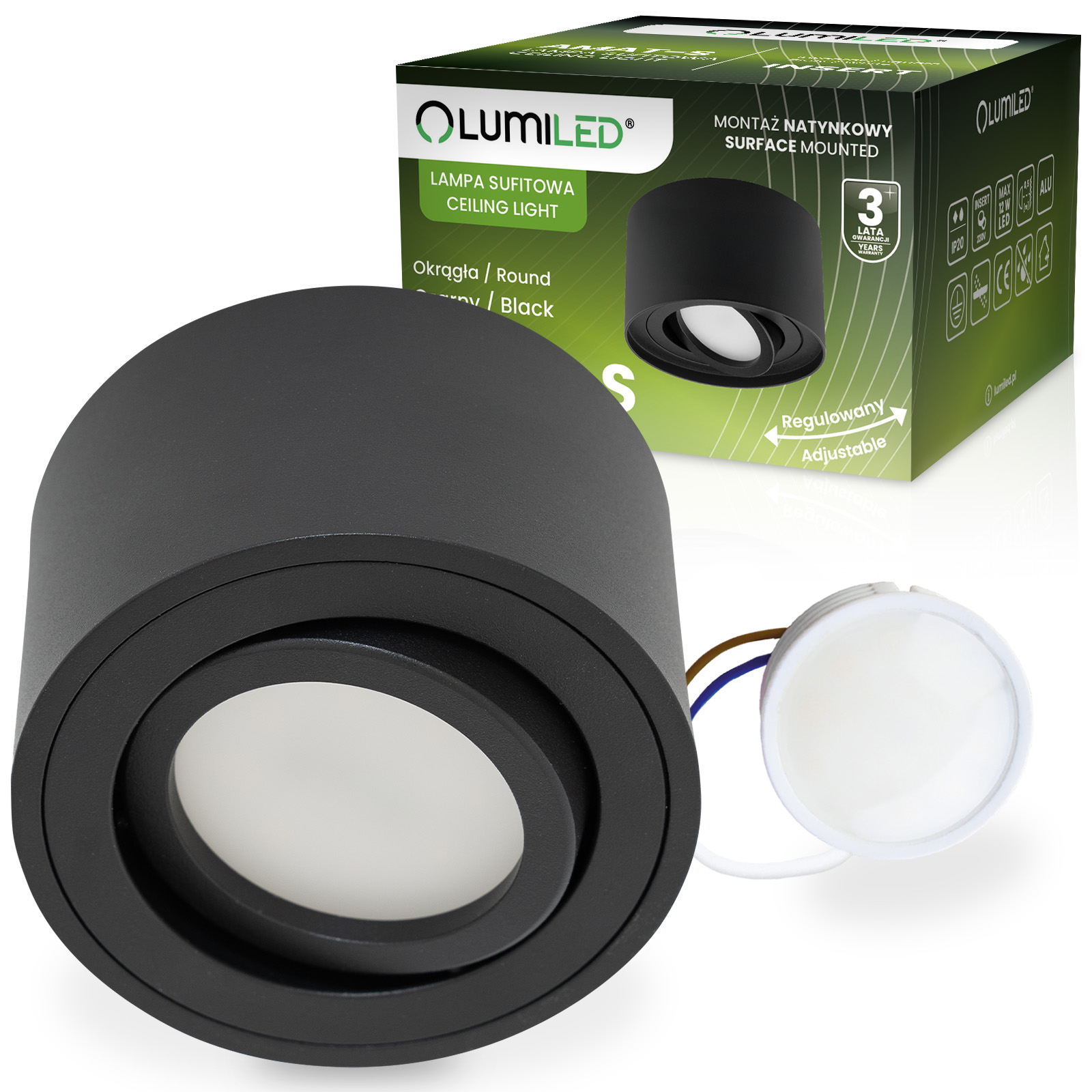 Oprawa Natynkowa HALOGENOWA Tuba Spot Ruchoma Okrągła Czarna 50mm + Wkład LED 7W 3000K  AMAT-S LUMILED - główne zdjęcie produktu