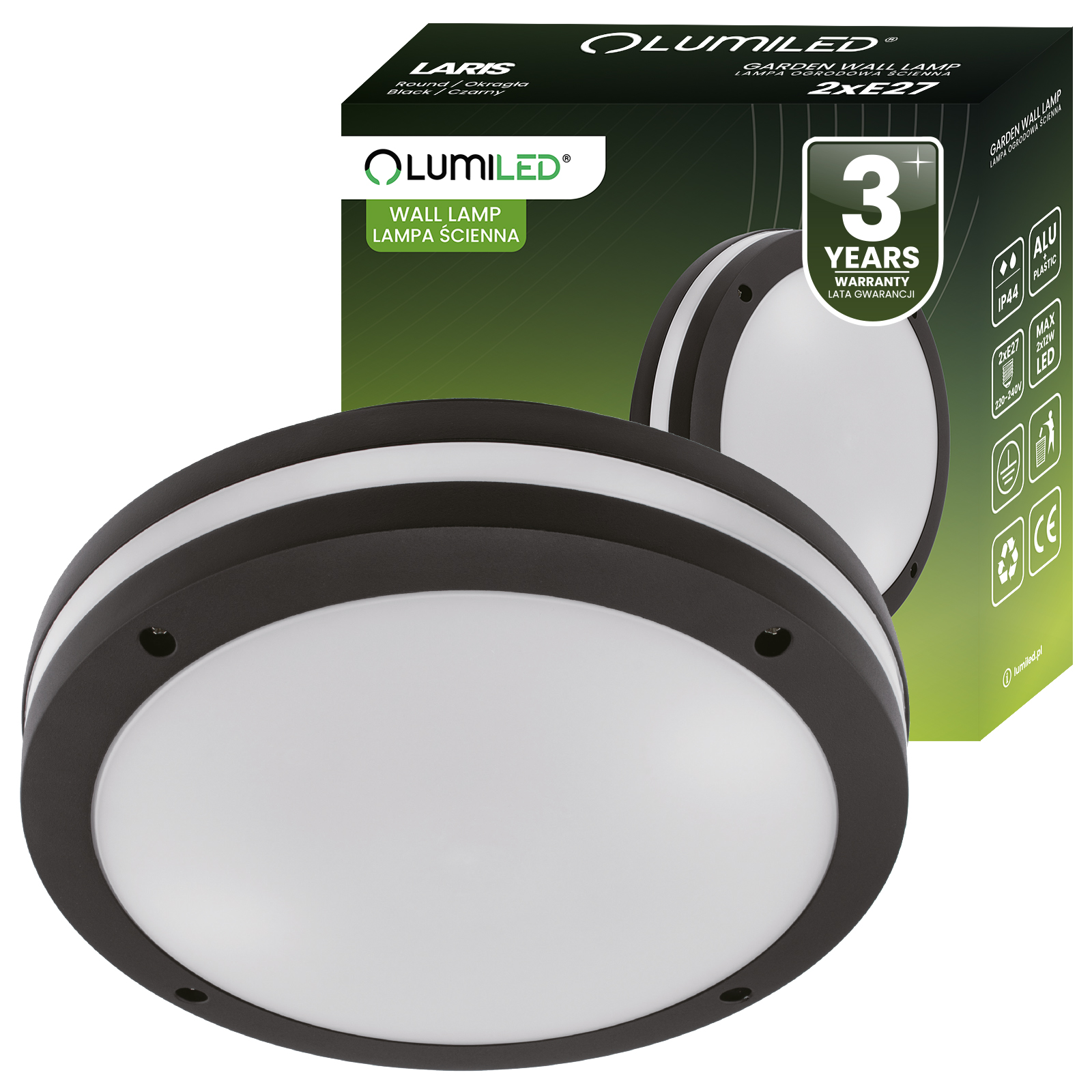 Lampa Ogrodowa Zewnętrzna Ścienna Kinkiet Elewacyjny do LED 2x E27 Okrągły LARIS LUMILED - główne zdjęcie produktu