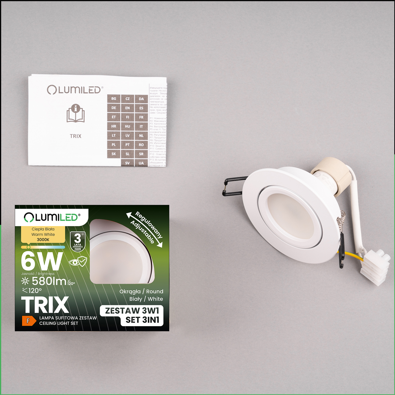 Oprawa Halogenowa Podtynkowa Sufitowa Okrągła Ruchoma TRIX 3w1 GU10 6W 3000K BIAŁY MAT LUMILED - skład produktu