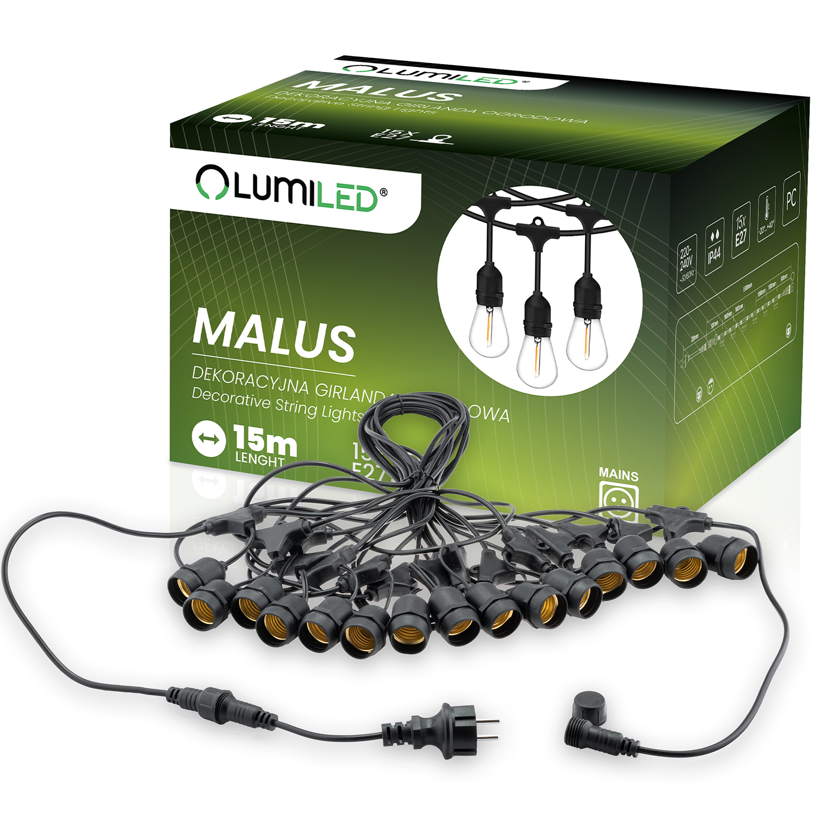 Girlanda Ogrodowa Zewnętrzna MALUS Łańcuch Świetlny 15m 15x E27 LUMILED - główne zdjęcie produktu