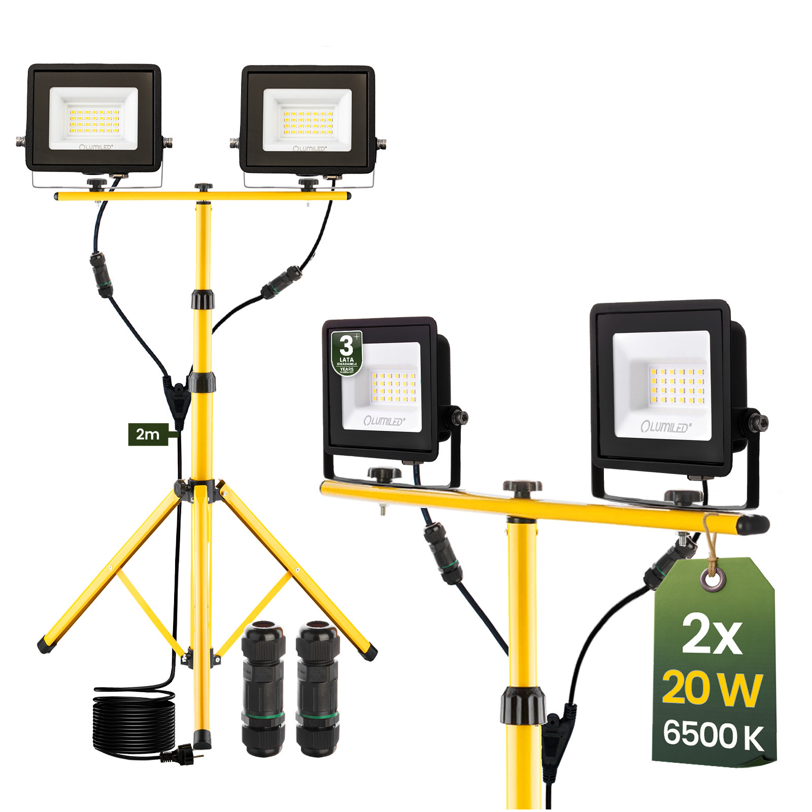 Naświetlacz Zestaw LED Lampa 2x 20W Robocza Statyw Budowlany 6500K - główne zdjęcie produktu