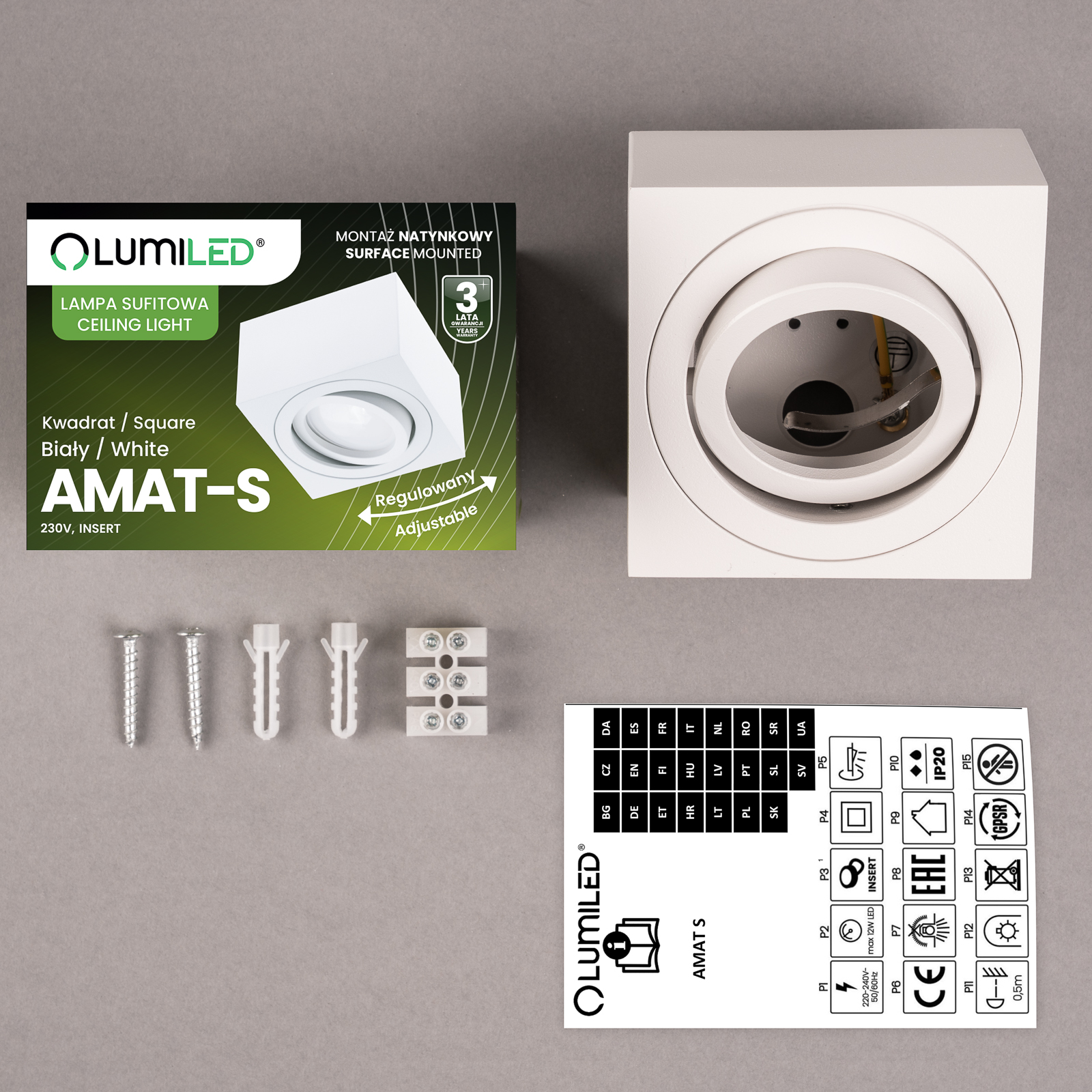 Oprawa Natynkowa HALOGENOWA Spot Tuba Ruchoma Kwadratowa Biała 50mm AMAT-S LUMILED - skład produktu