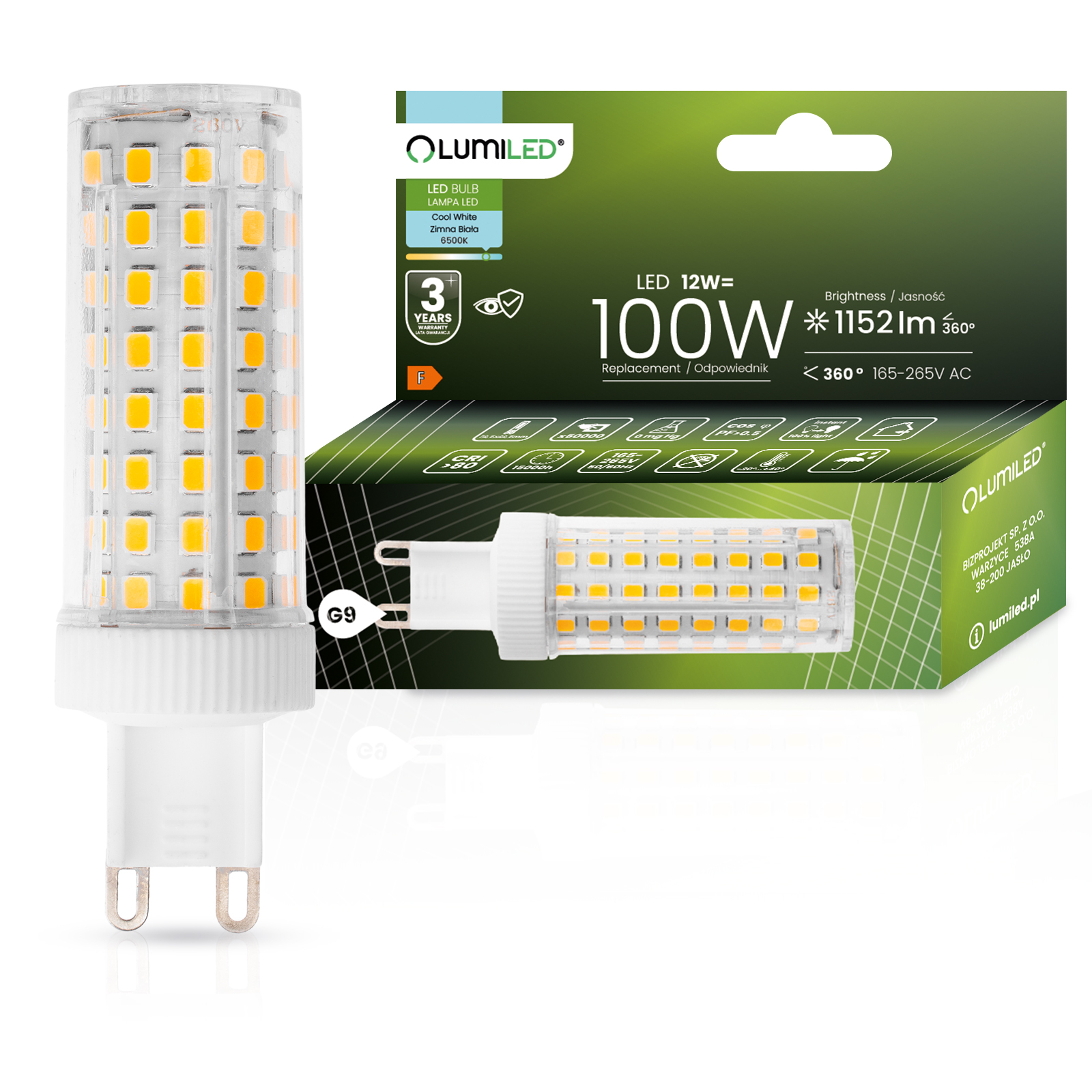 Żarówka LED G9 Kapsułka 12W = 100W 1152lm 6500K Zimna 360° LUMILED - główne zdjęcie produktu