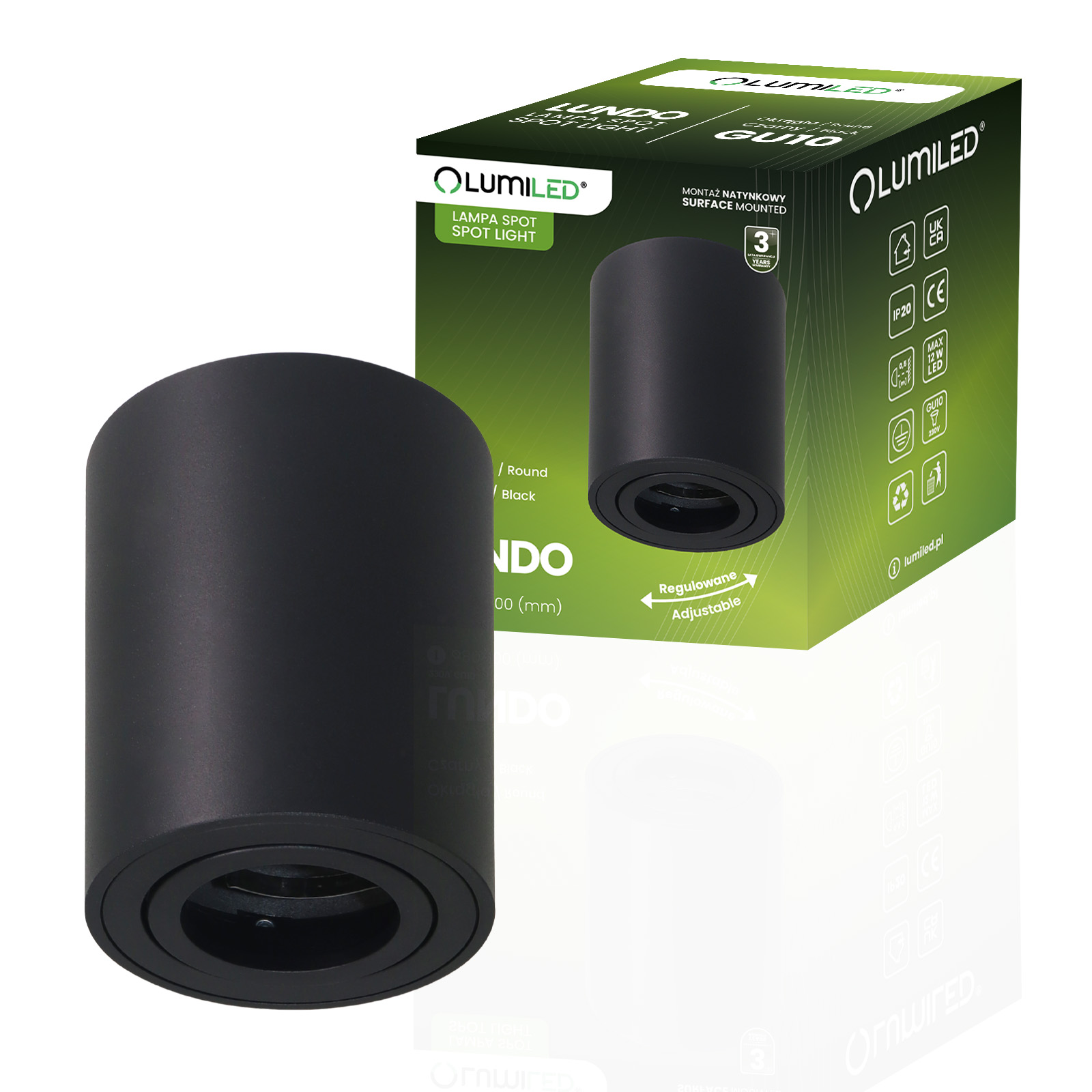 Oprawa Natynkowa HALOGENOWA Spot Tuba Ruchoma LUNDO GU10 LUMILED Okrągła Czarna 80mm - główne zdjęcie produktu